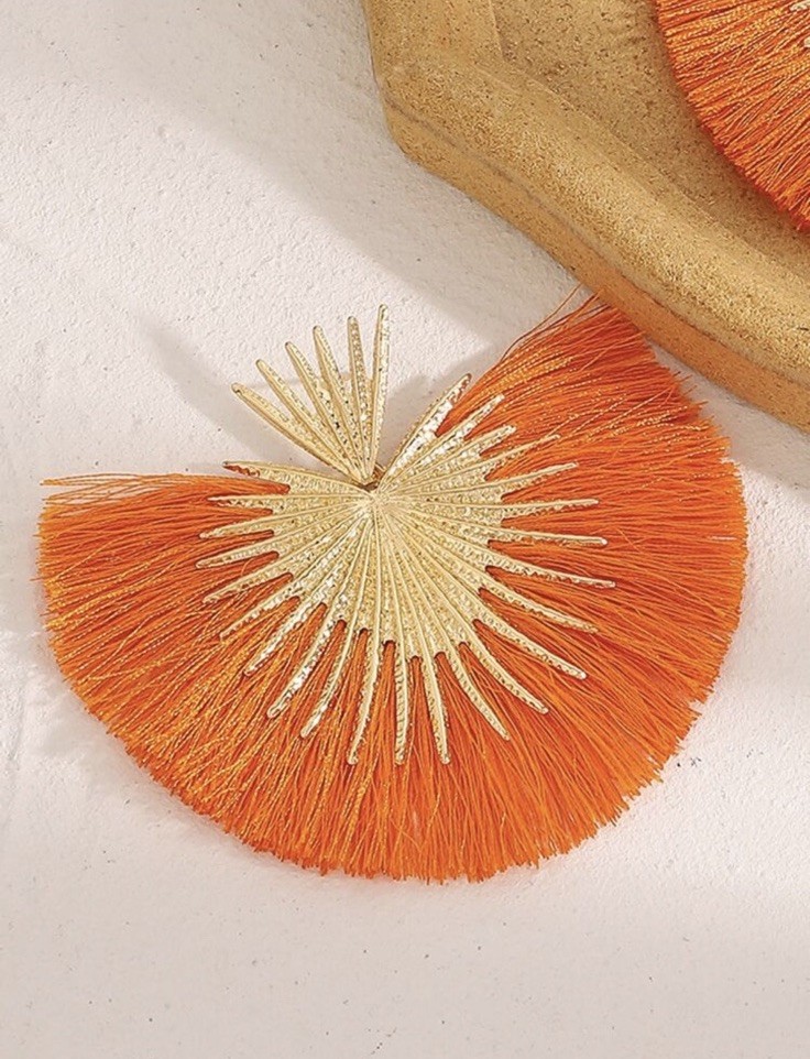 Orange Earrings Big Bohemian Boho Thread Gold Statement Earrings Large