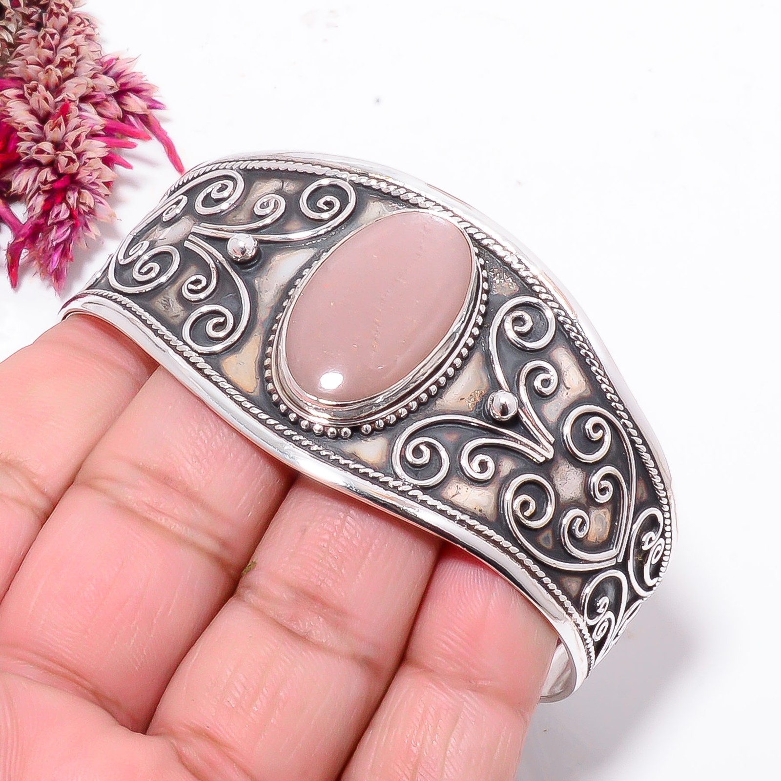Peach Moonstone – Sri Lanka 925 Sterling Silver Bali Cuff|C968558710