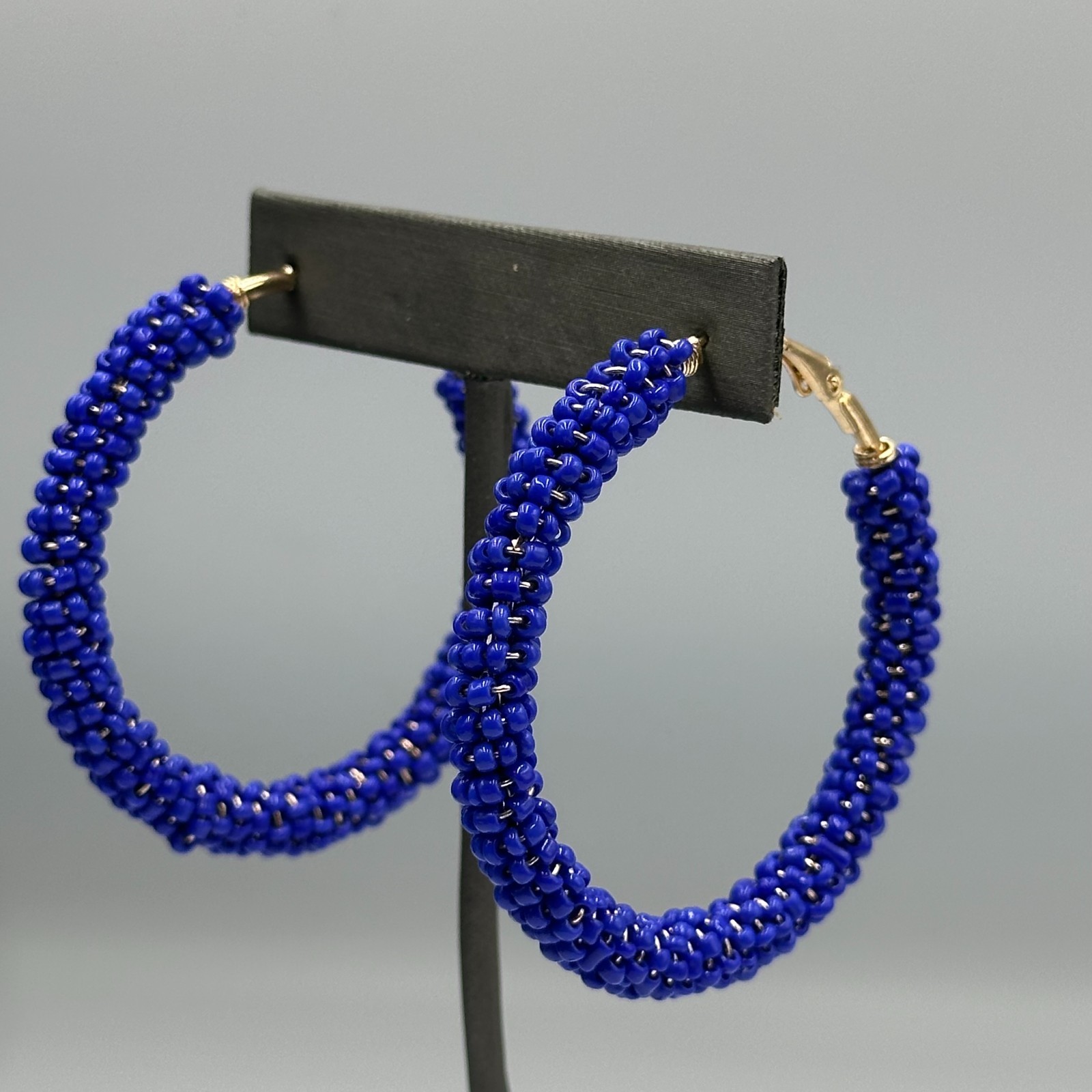 Blue Beaded Hoop Earrings Gold Tone Seed Beads Wire Wrapped Chunky Statement