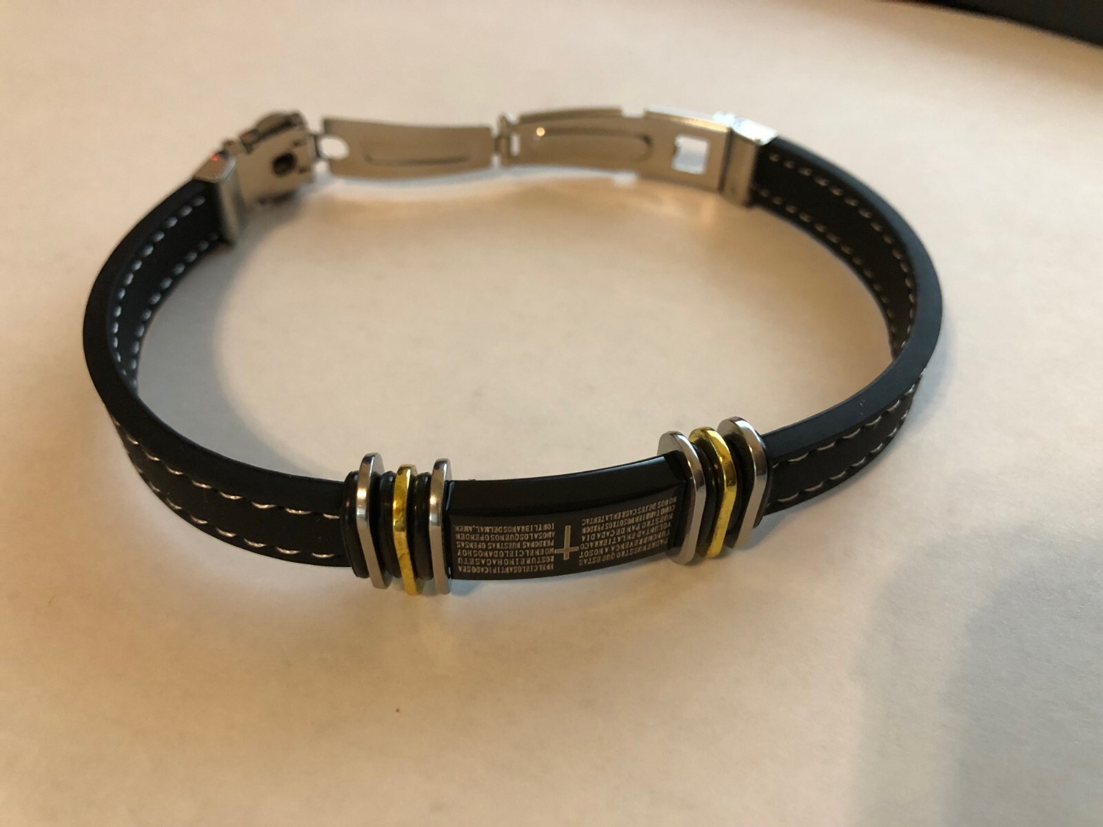 Cross Bible Stainless Steel Wrist Strap Black Leather Bracelet – Unisex P12