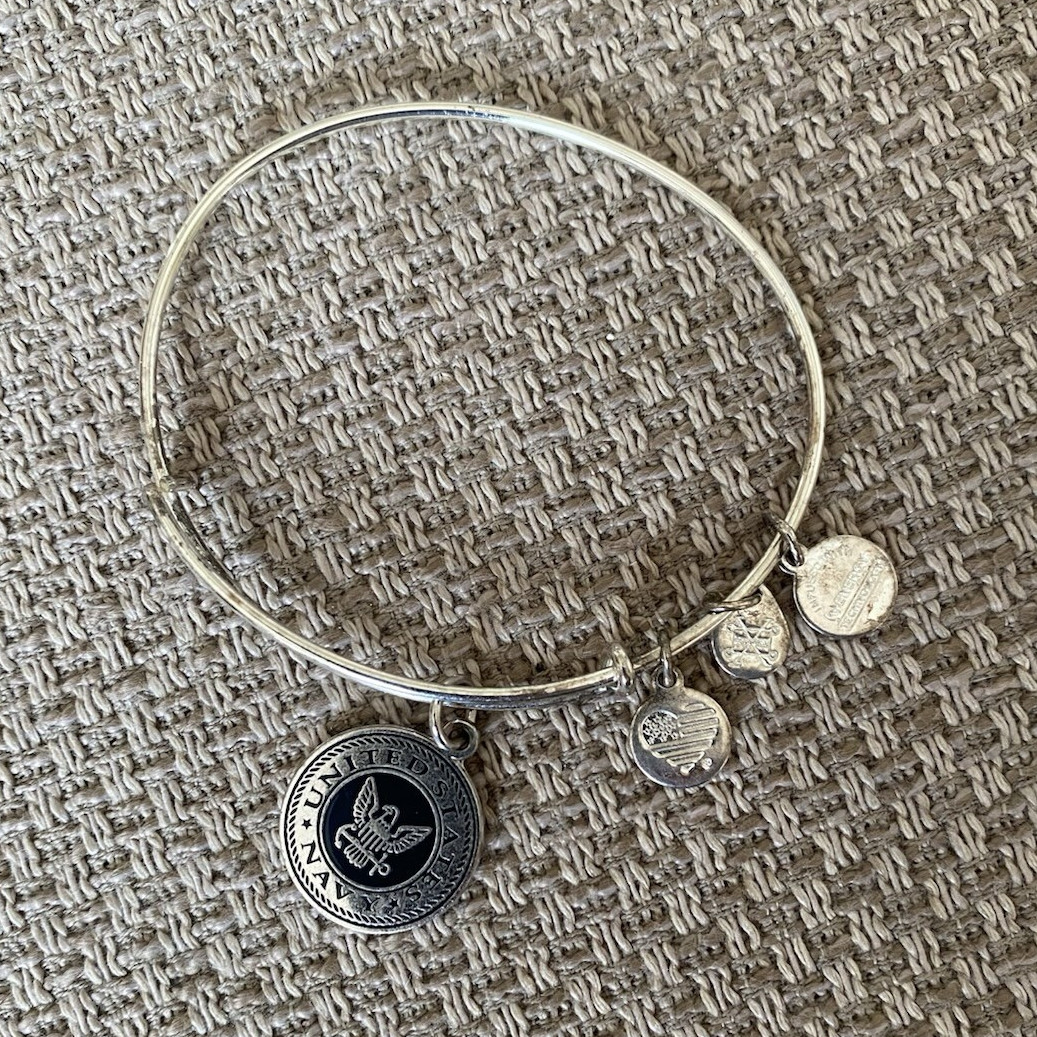 ALEX AND ANI Silver Tone, Adjustable Wire Bangle Bracelet w US Navy Charm