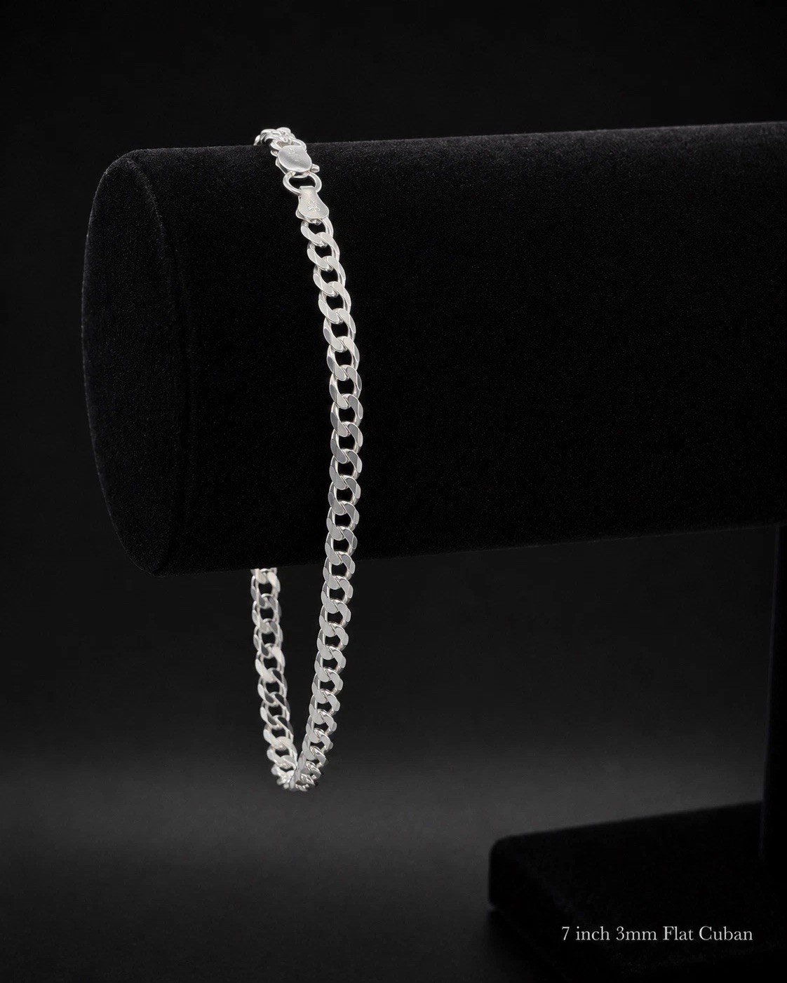 925 Silver 3mm Flat Cuban Link Chain Bracelet 7 in Lobster Clasp