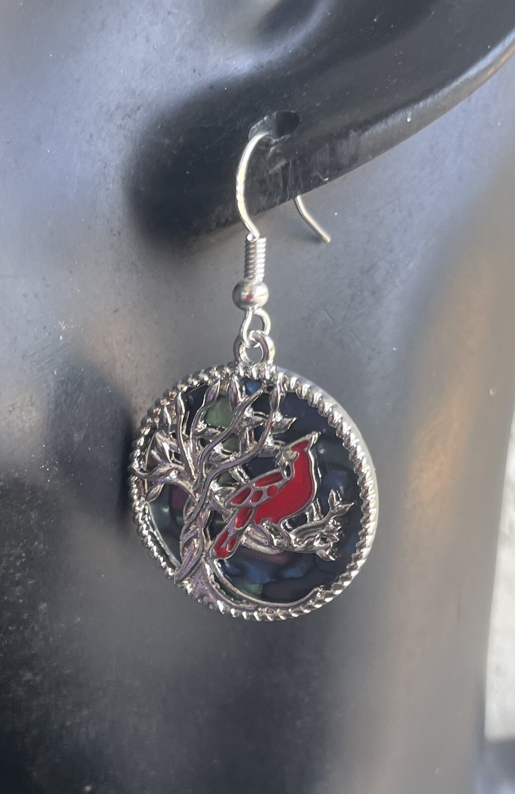 Red Cardinal Round Earrings Memorial Angels Near Sterling Silver 925 Ear Hooks