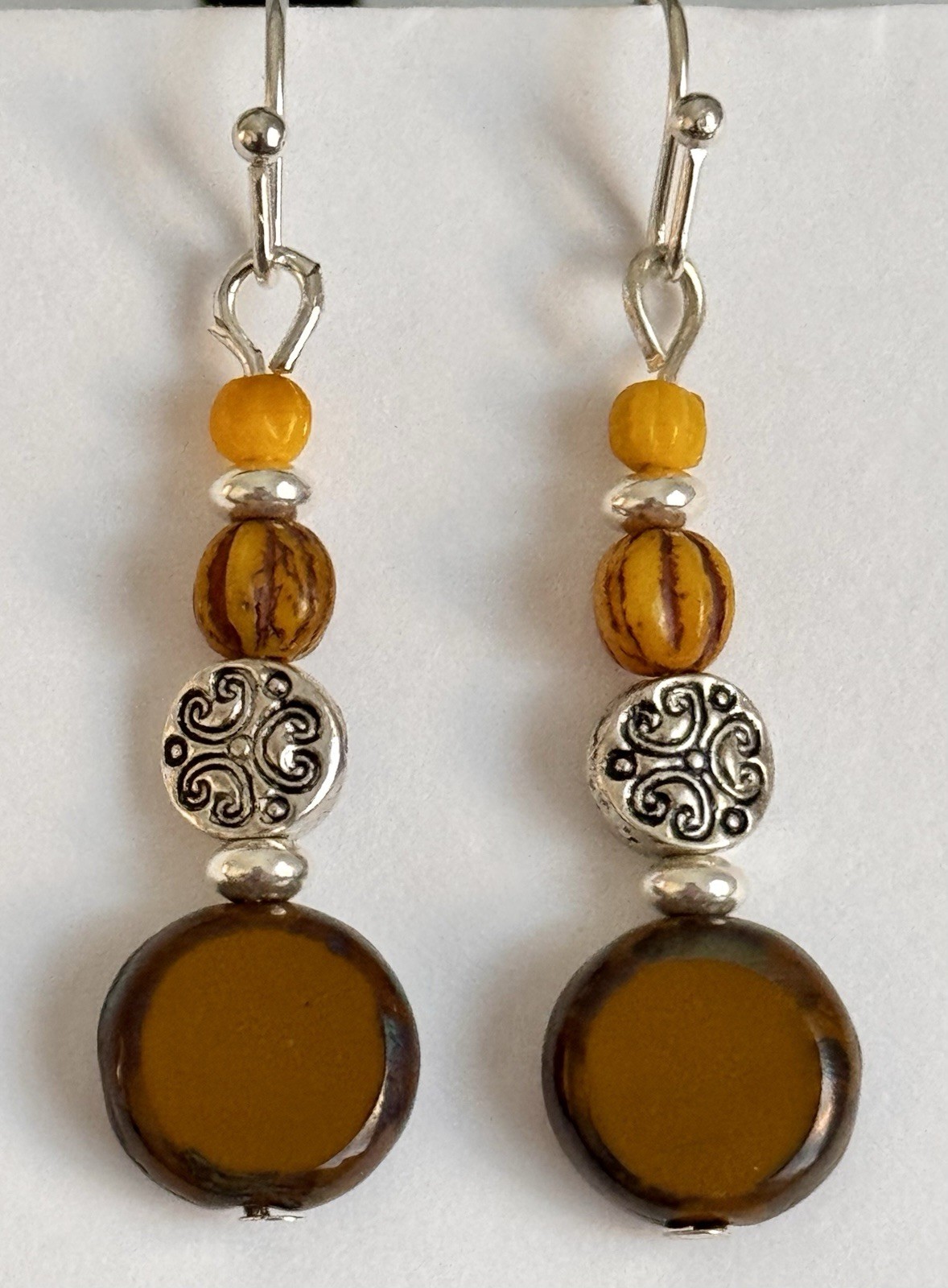 Etched Silver with Camel Brown and Golden Picasso Bead Earrings. Boho Chic