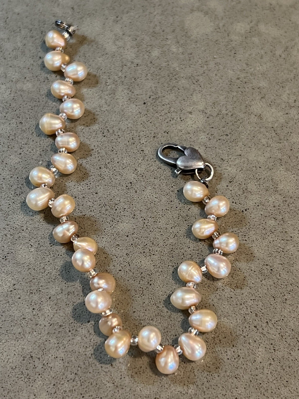 Freshwater Champagne Peach ￼Pearl Bracelet Sterling 925 Baroque 7.5” 8.6g Heart