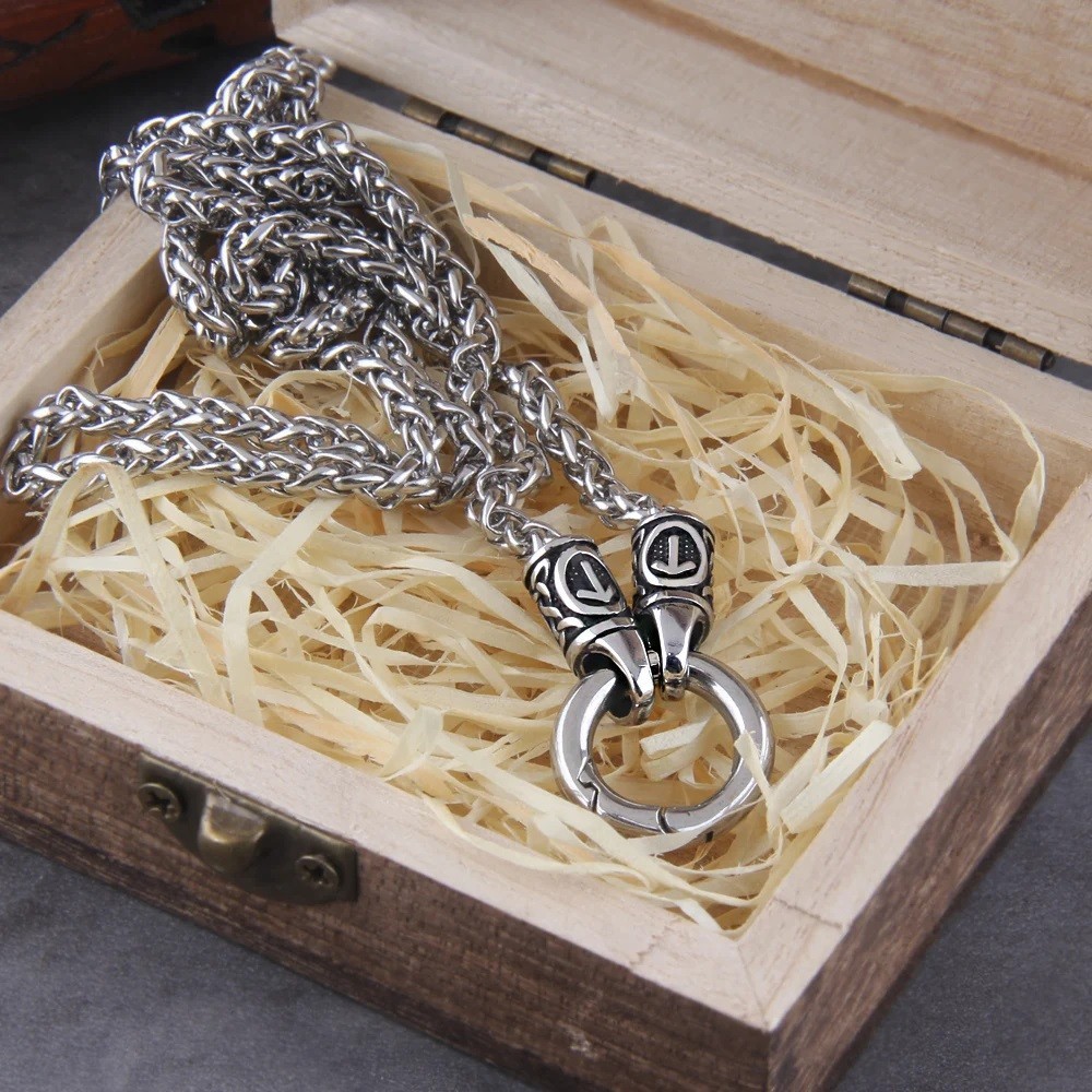 Nordic Viking Rune Open Round Clasp Pendant Necklace Stainless Steel Men Jewelry