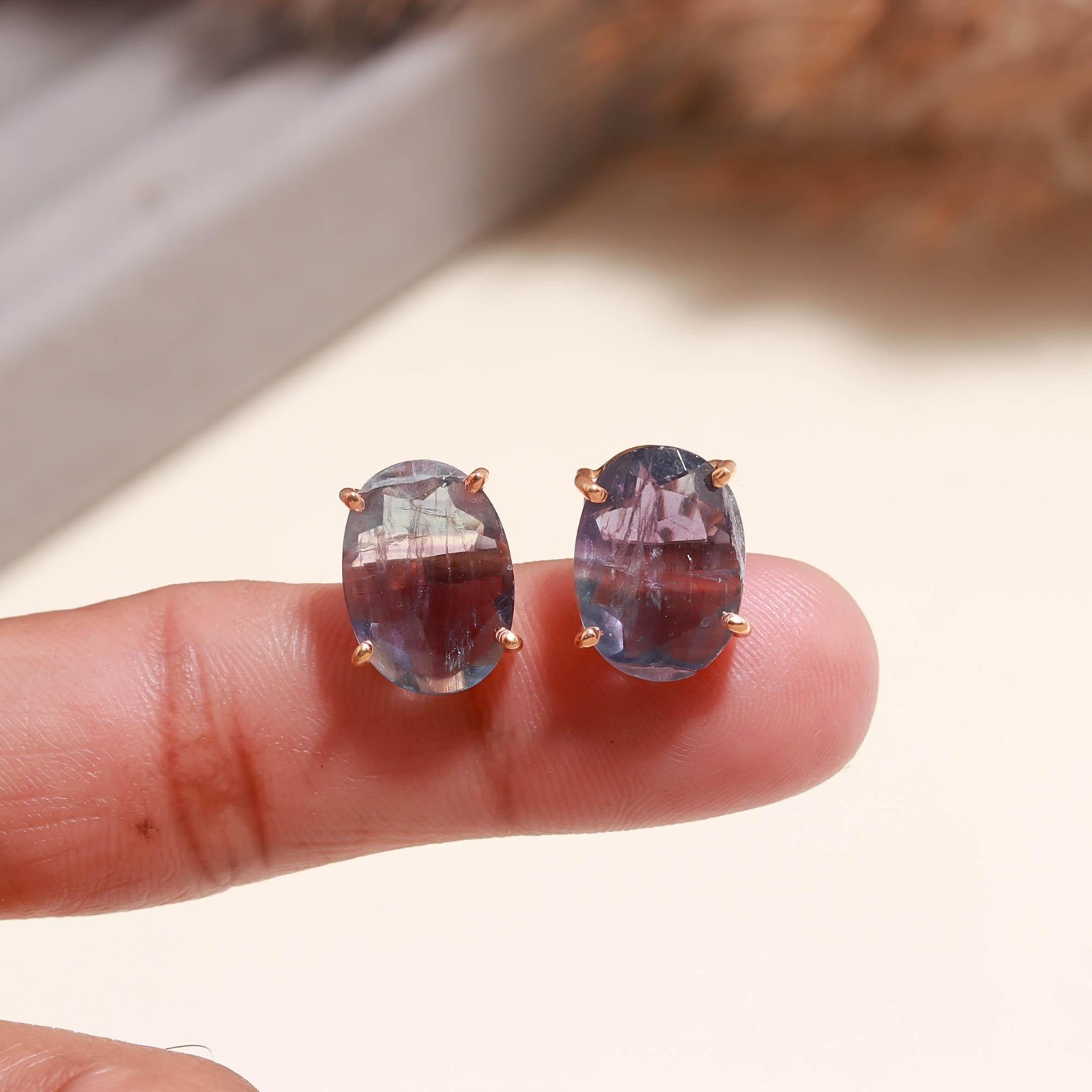 Natural Fluorite Oval Stud Earrings Rose Gold Plated 925 Sterling Silver Jewelry