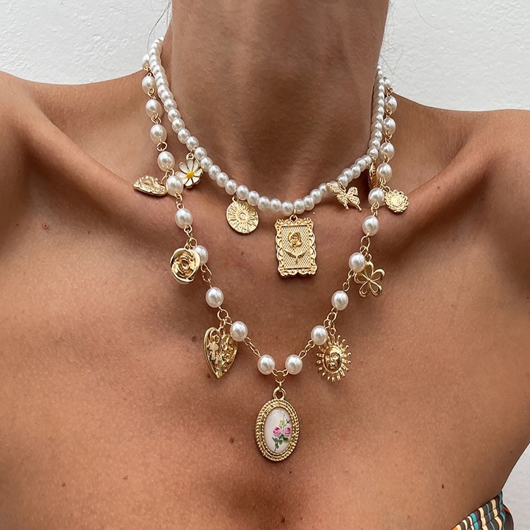 2PCS Butterfly Sunflower Heart Necklace Set Women Pearl Layered Chain Jewelry