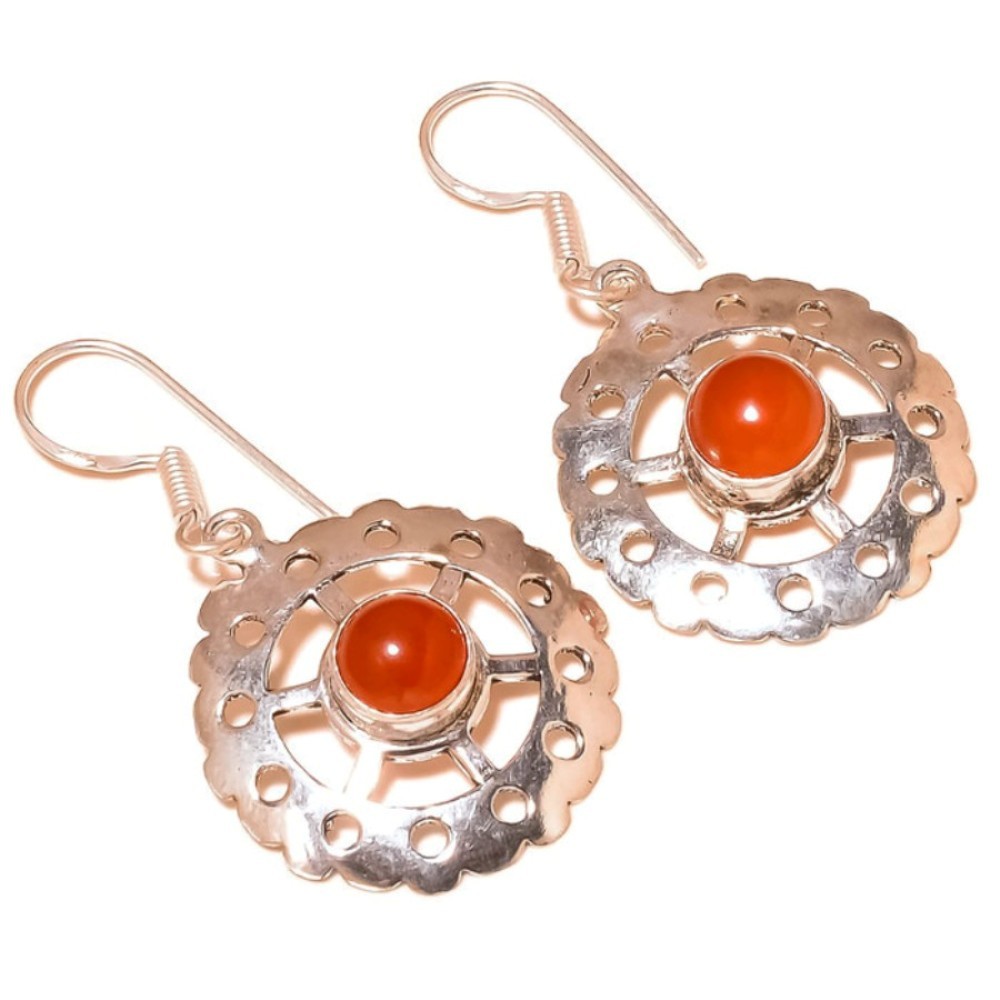 Natural Orange Carnelian Round Gemstone 925 Silver Handmade Drop Dangle Earrings