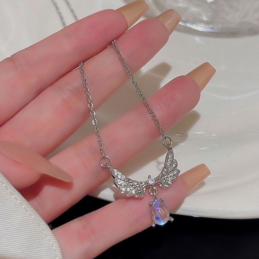 Sparkly CZ Angel Wing Necklace Teardrop Iridescent Moonstone Drop Clavicle Chain