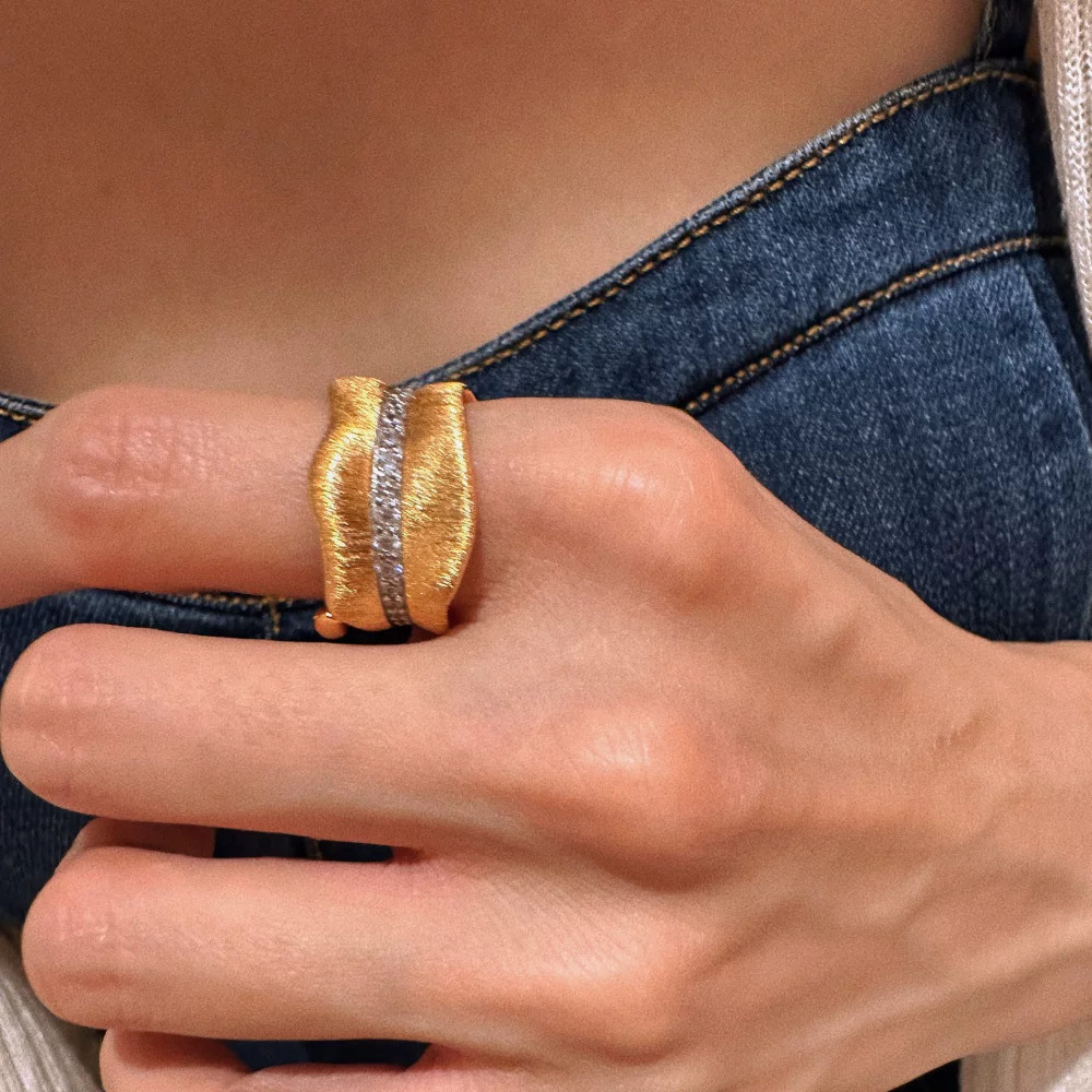 Brushed Finish Banana Leaf-Shaped Adjustable Open Ring Cocktail Unique jewelry