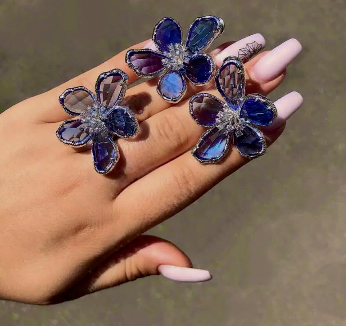 18K White Gold Plated Flower Blue Earrings made w Swarovski Crystal Elegant Gift