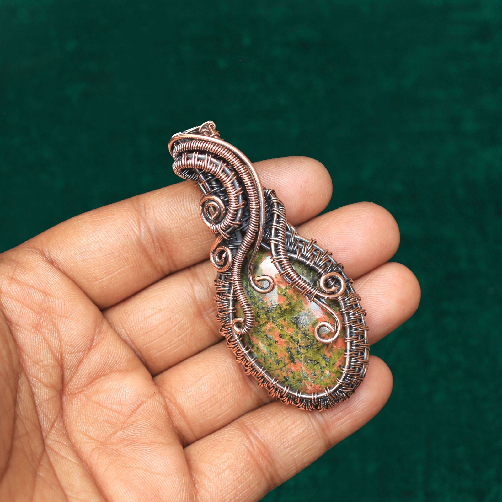 Unakite Jasper Pendant Copper Wire Wrap Gemstone Jewelry Gift For Mom NK684
