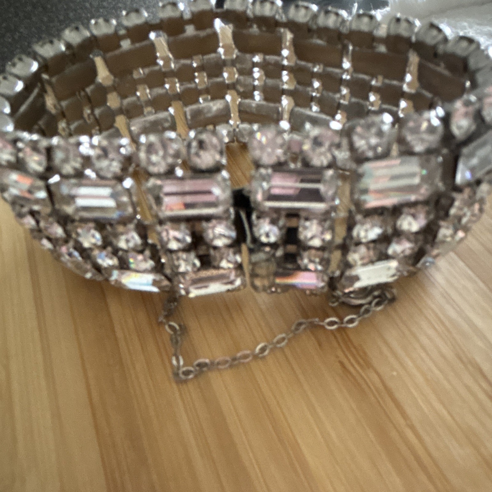 Estate Silver Tone Rhinestone Baguette Rectangle Wide Tennis Bracelet Clasp