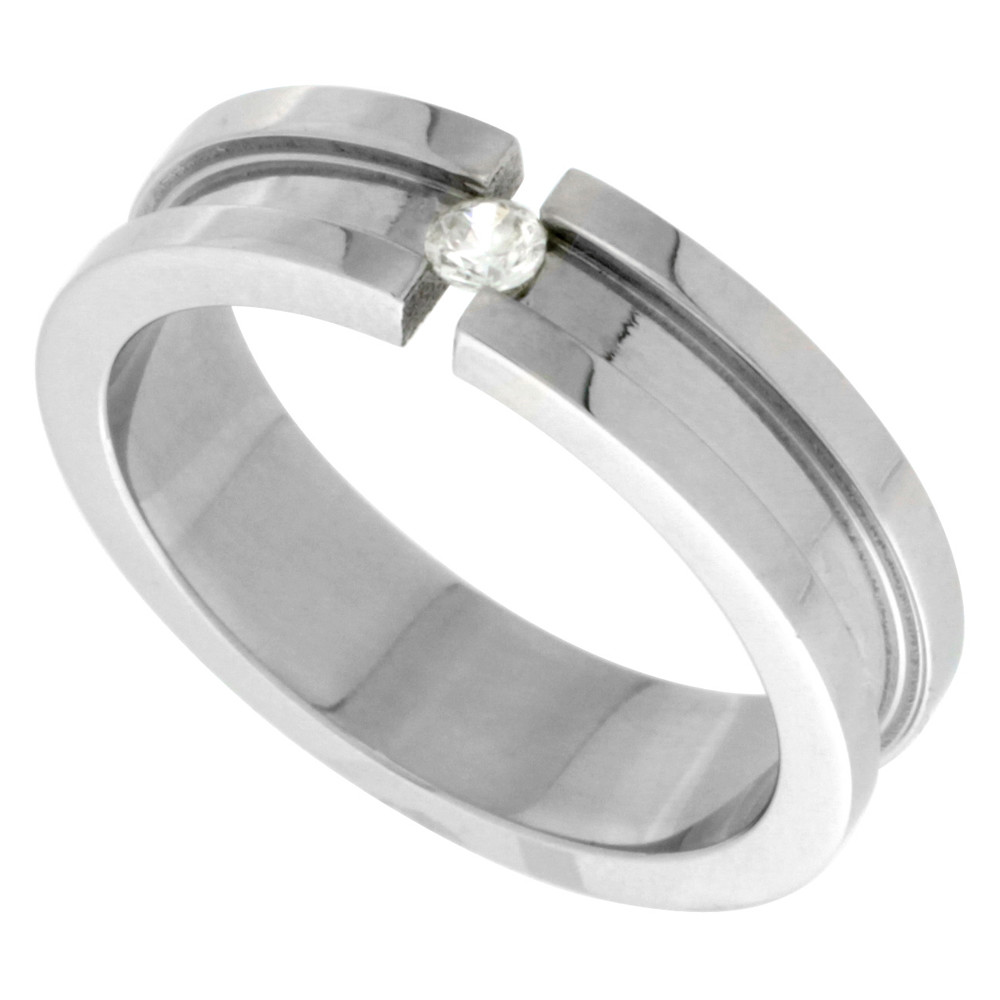 6mm Stainless Steel Tension Set CZ Stone Grooved Center Wedding Band Ring