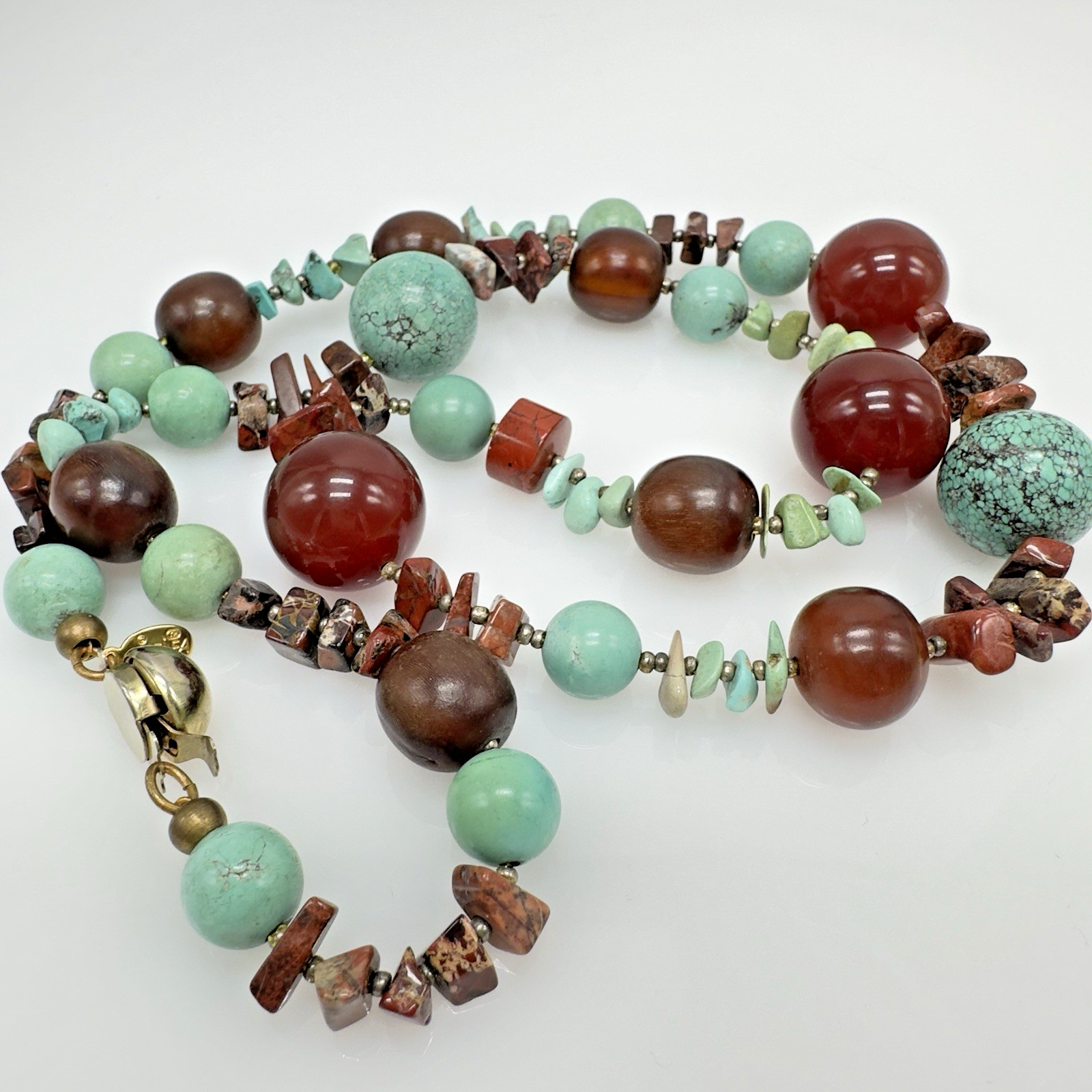 Vintage Artisan Necklace Natural Stone & Wood Beads 28″ Boho Arts & Craft Mei Fa
