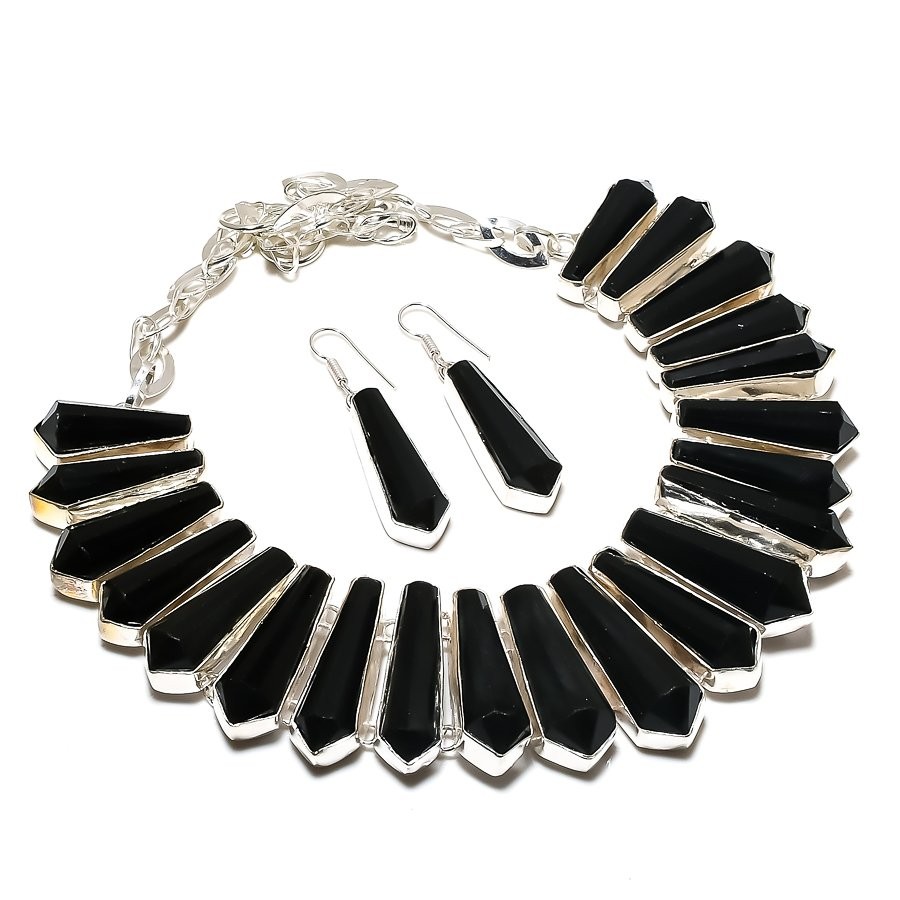 Faceted Black Spinel Pencil Shape Gemstone Fashion Handmade Necklace+Earrings