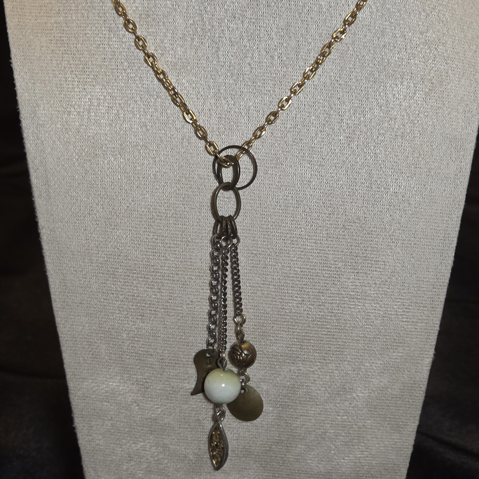 Mixed Metal Tassel Chain Necklace With Charms.