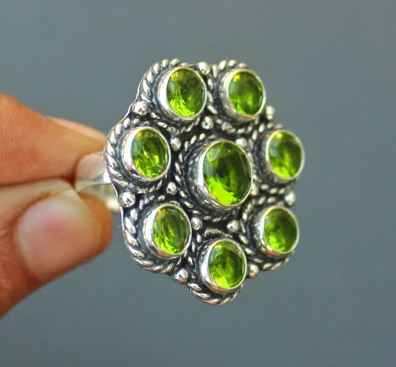 Peridot Cluster Ring | Vintage Style Peridot Ring. Green Gemstone Statement Ring
