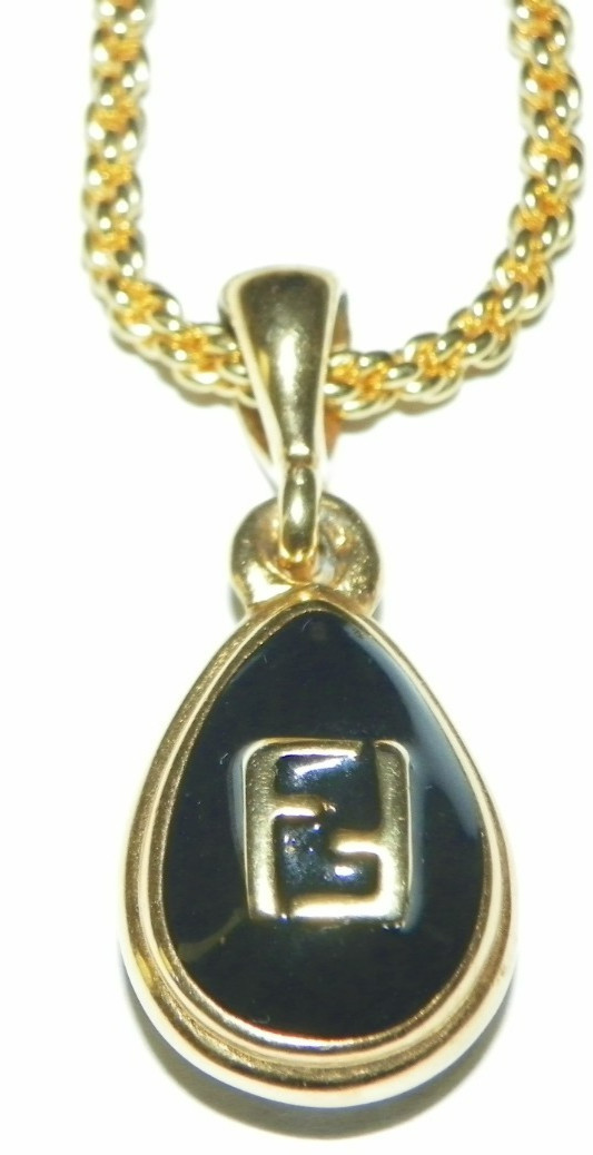 VTG Fendi Logo Teardrop double side Black Enamel/clear Crystal Pendant GoldTone