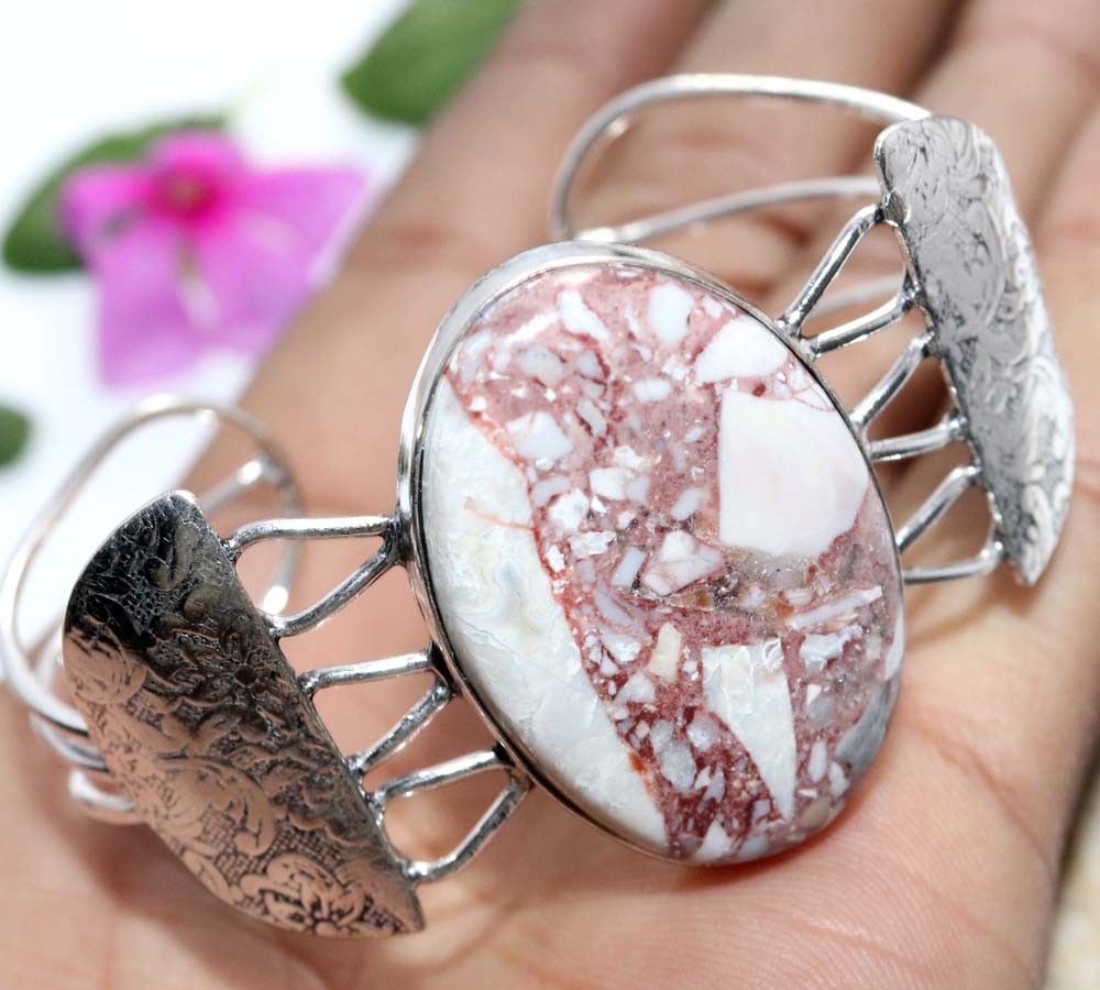 Huge Marble Jasper 925 Silver Plated Bangle 6.5″ Graceful Jewelry Trendy JW