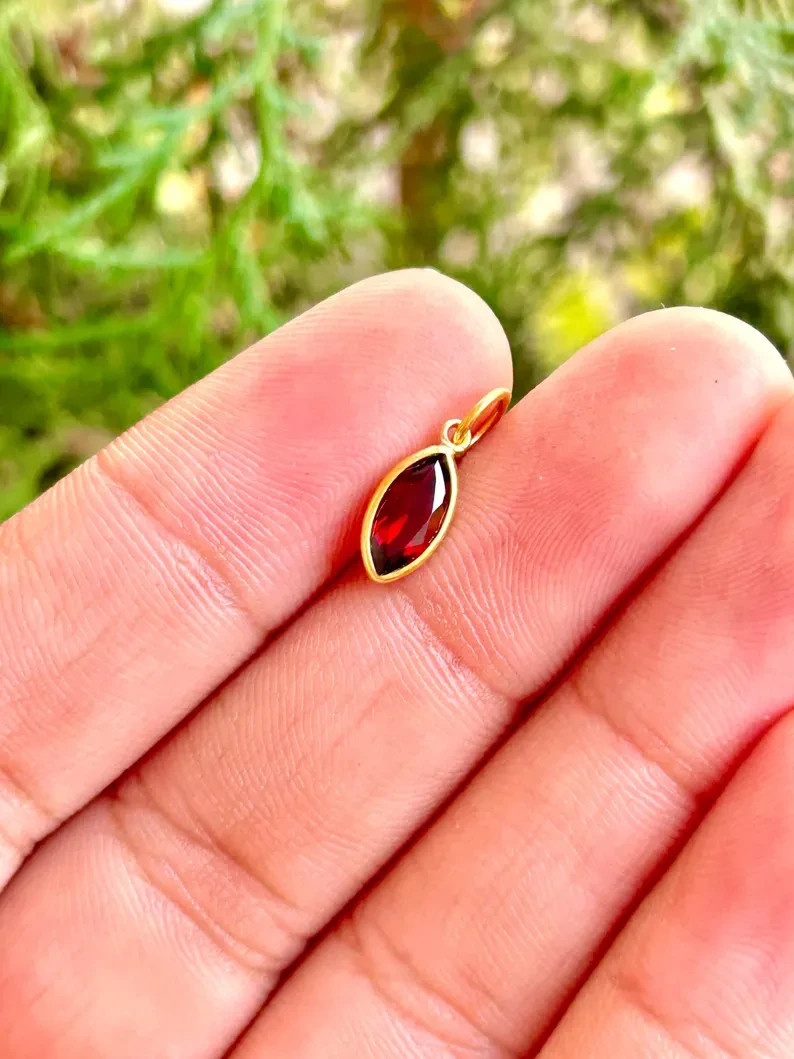 Natural Garnet Marquise Pendant 4x8mm, January Birthstone Charm Solid 14K 18K