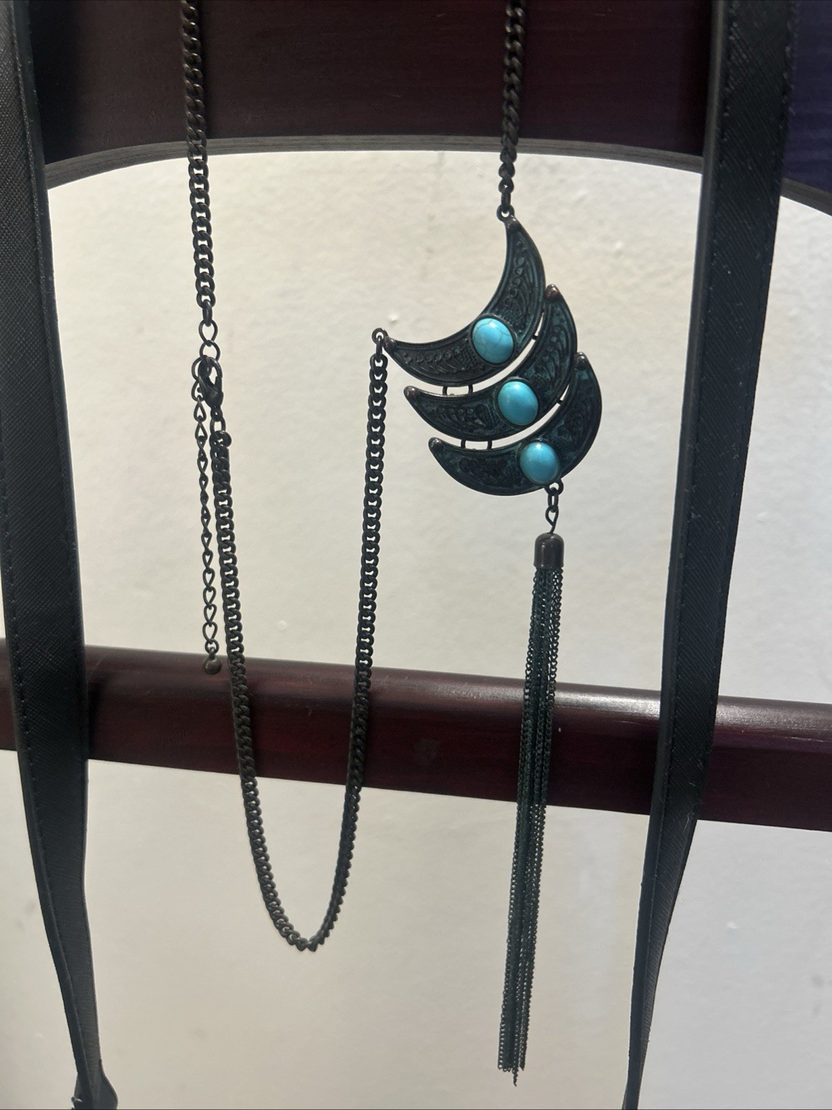 Boho Extra Longe Western Tassle Turquoise Necklace Vintage Cowgirl Stone Jewelry