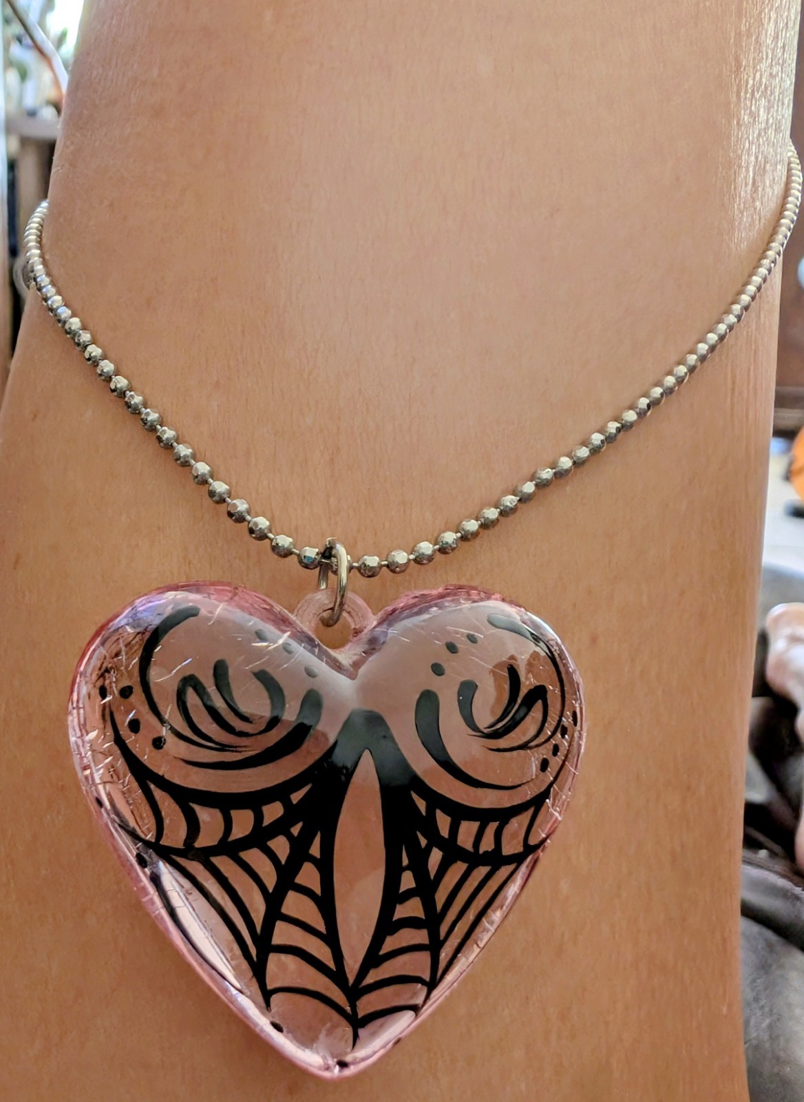 Pink Lucite Heart Hand-Pinstriped Rockabilly Car Culture Necklace 20″