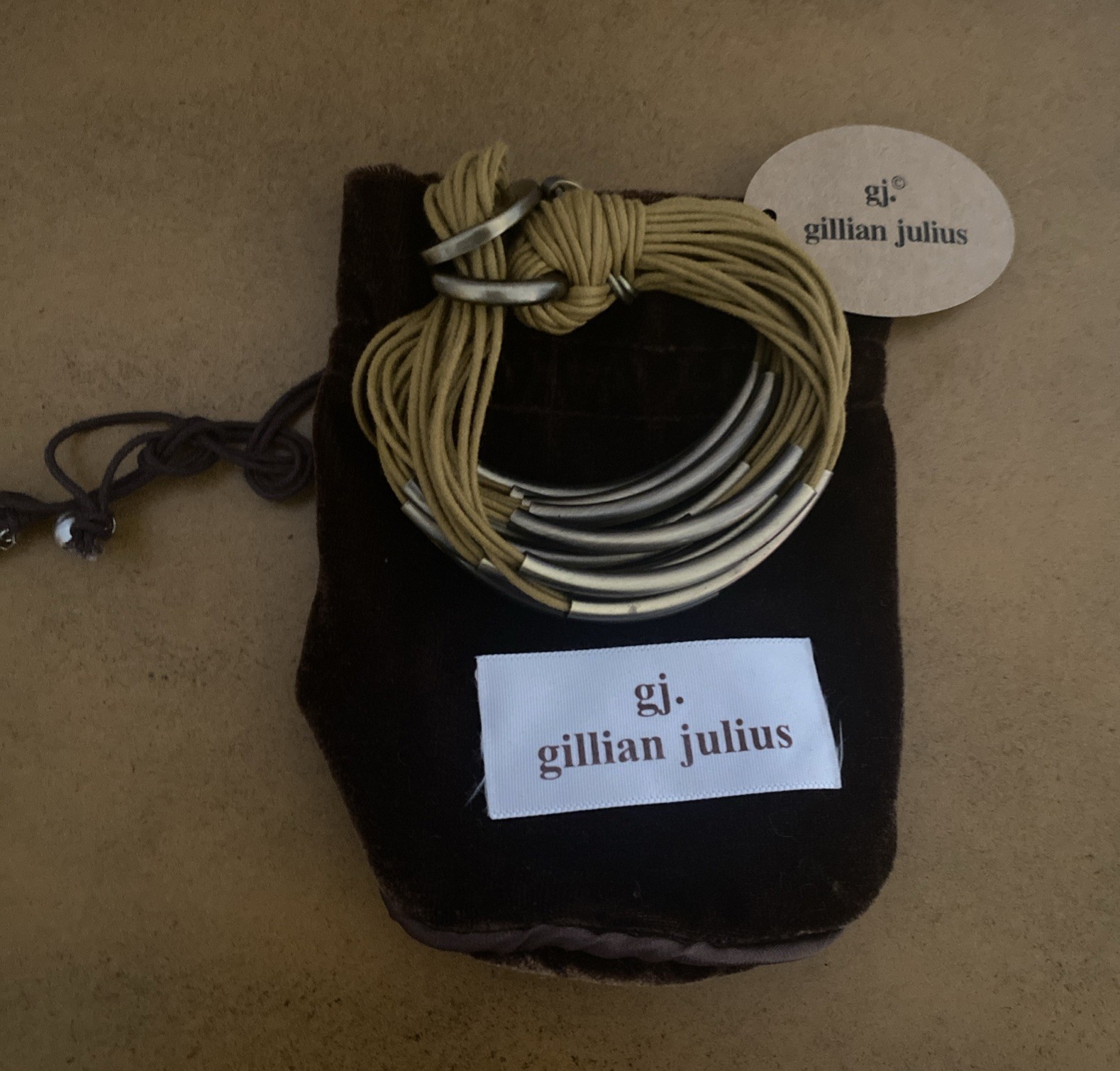 GJ Gillian Julius 20 Tube Strand Mustard Taupe Cord Bracelet