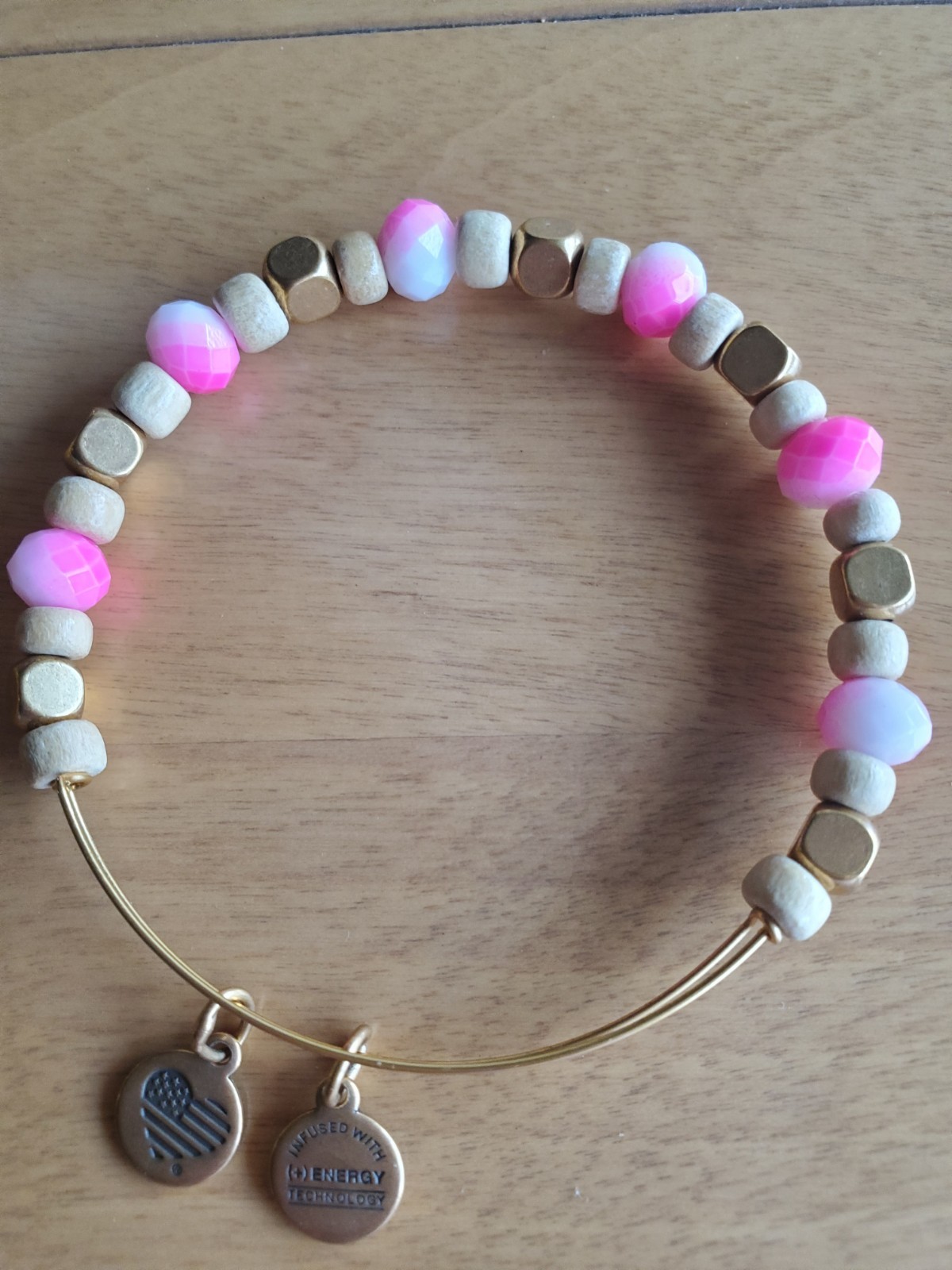 Gently Used Alex & Ani Pink , Gold, Wood Beaded Goldtone Bracelet