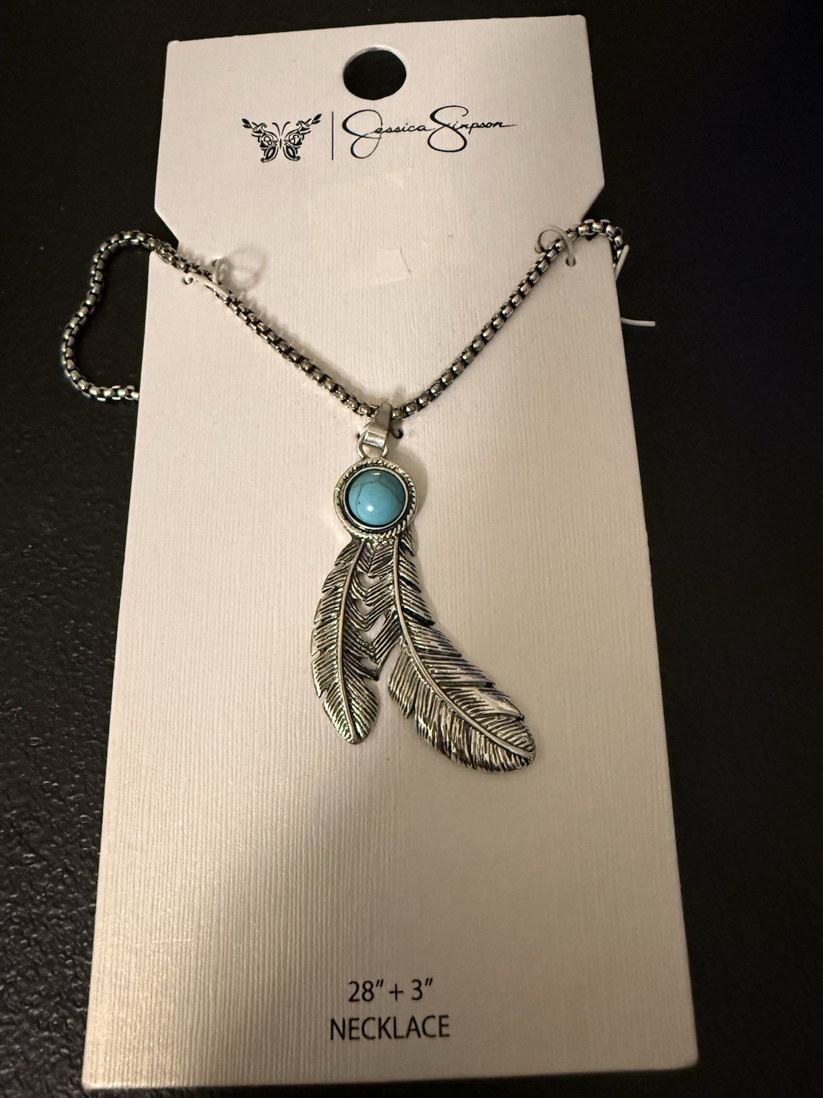 Jessica Simpson Silver Tone Feather Pendant Turquoise Necklace 28″+3″ Adj