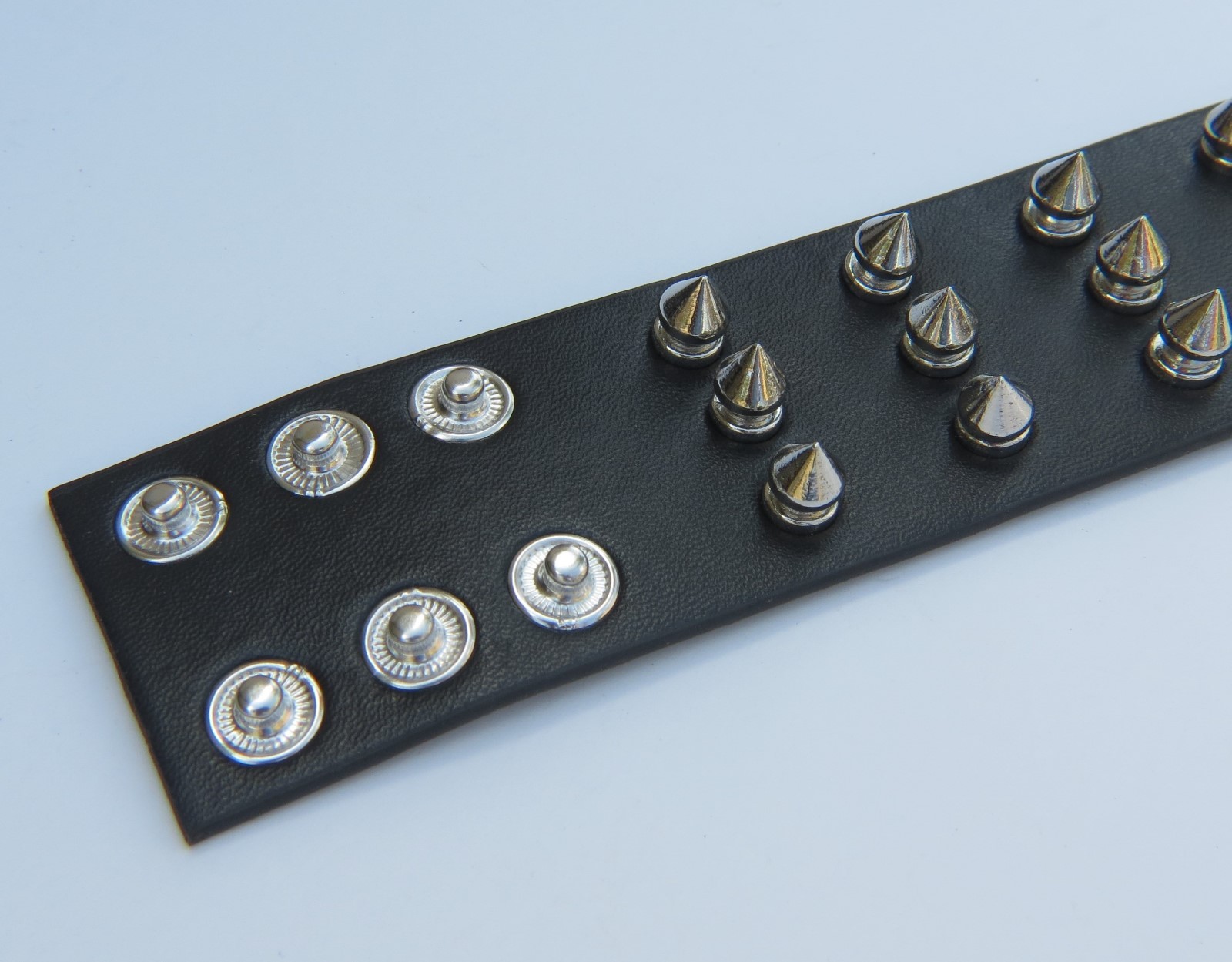 Gothic Punk Black Leather Wide Band Bracelet w/ 3 Rows of Silver Spikes