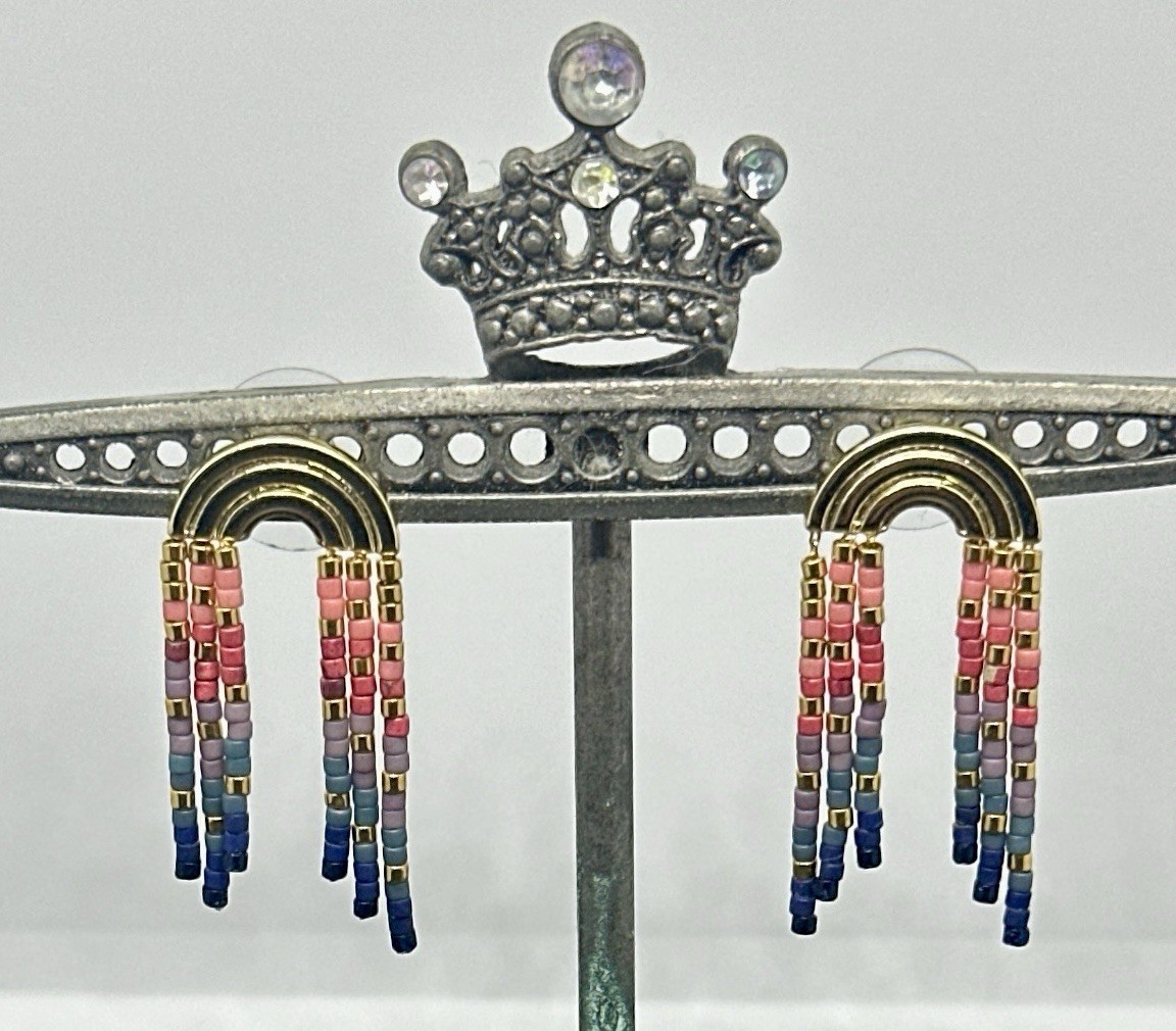 Multicolor Miyuki Bead Rainbow Fringe Gold Tone Earrings
