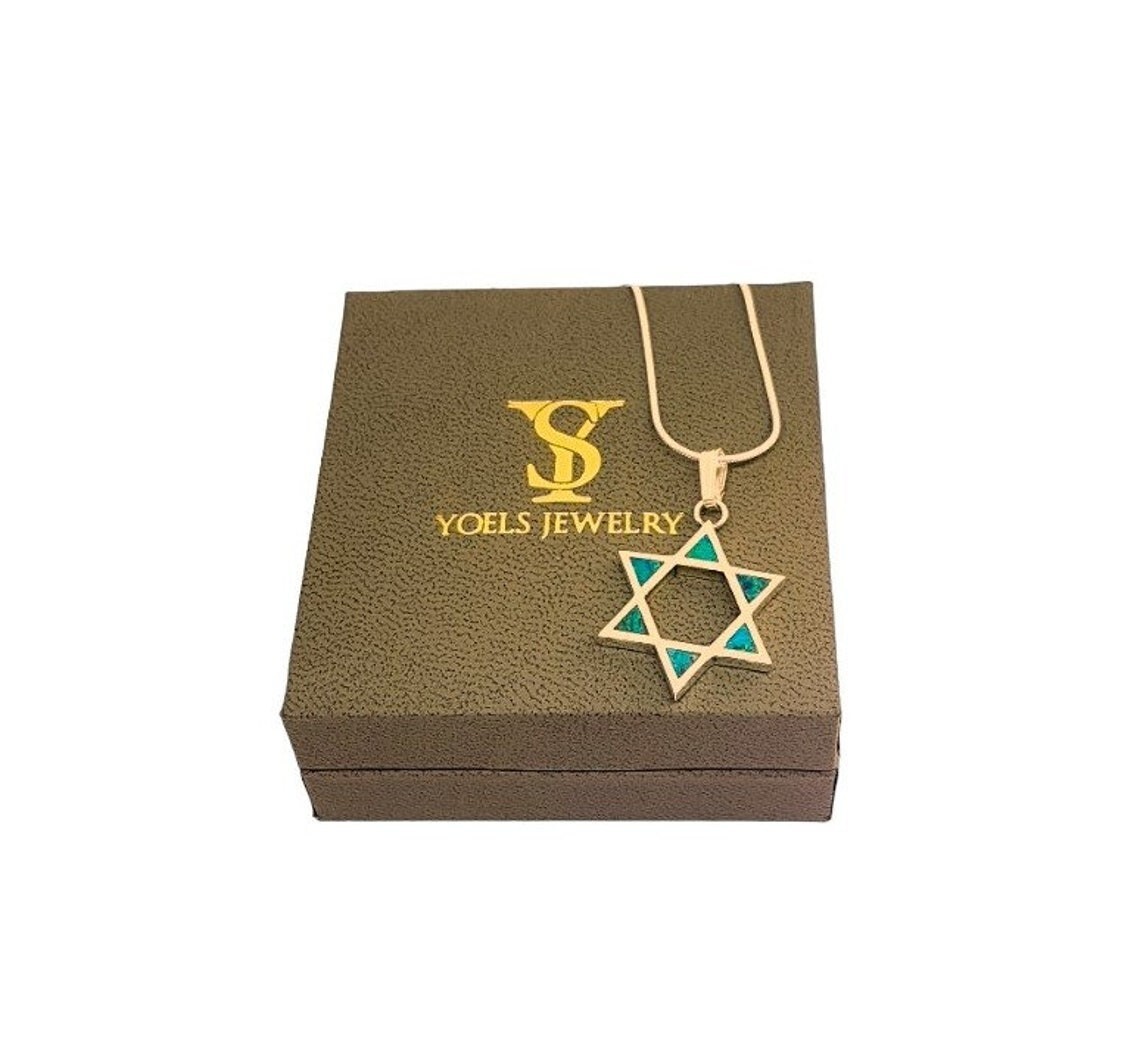 14k Gold Eilat Stone Star of David Pendant Jewelry Unisex 0.8 inch Wide