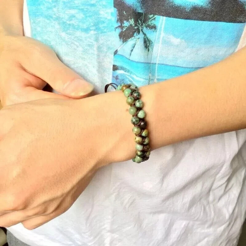 African Turquoise Round Bead Handmade Braided Healing Women Men Bracelet Gift