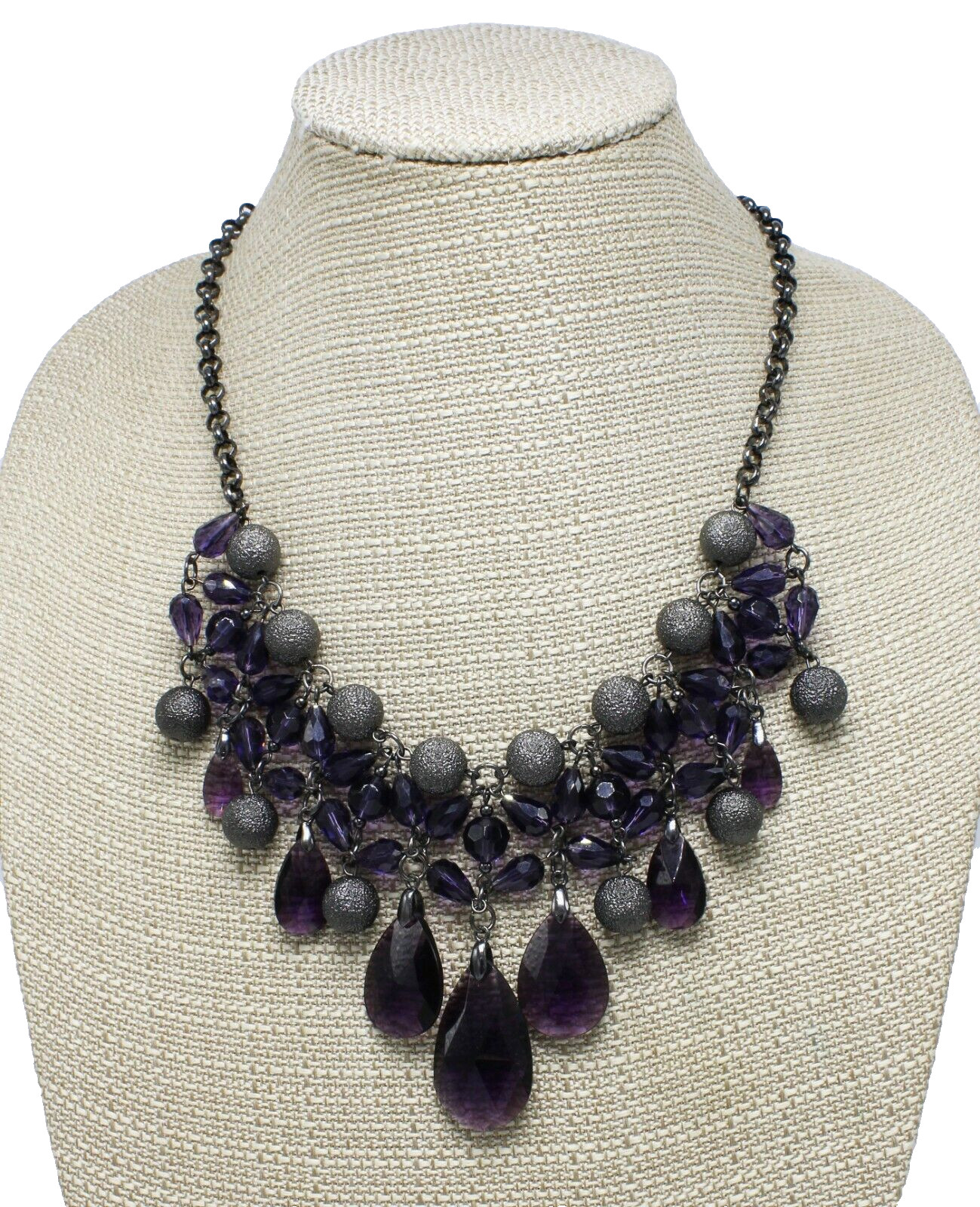 New Gun Metal Tone Statement Necklace with Purple Acrylic Beads #N1010