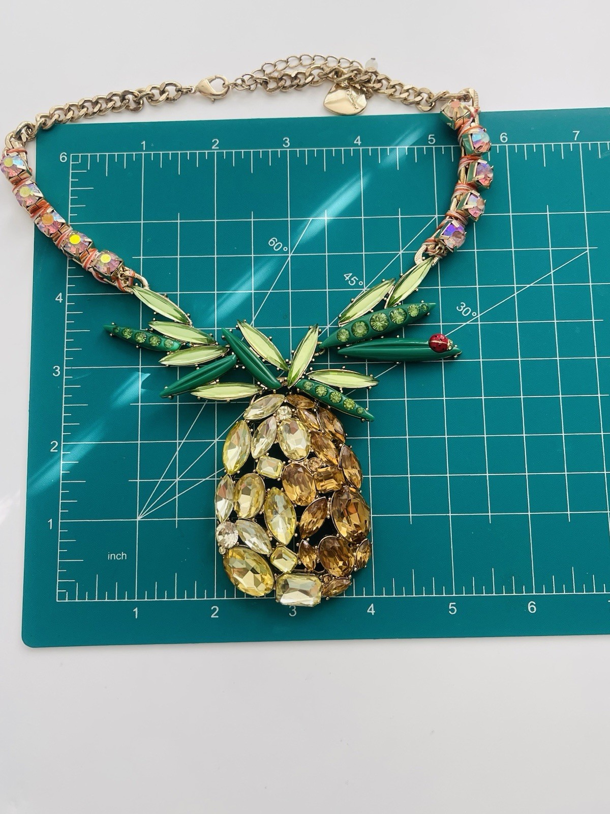 Betsey Johnson Very Large Rhinestone Pineapple Pendant Statement Necklace 18″