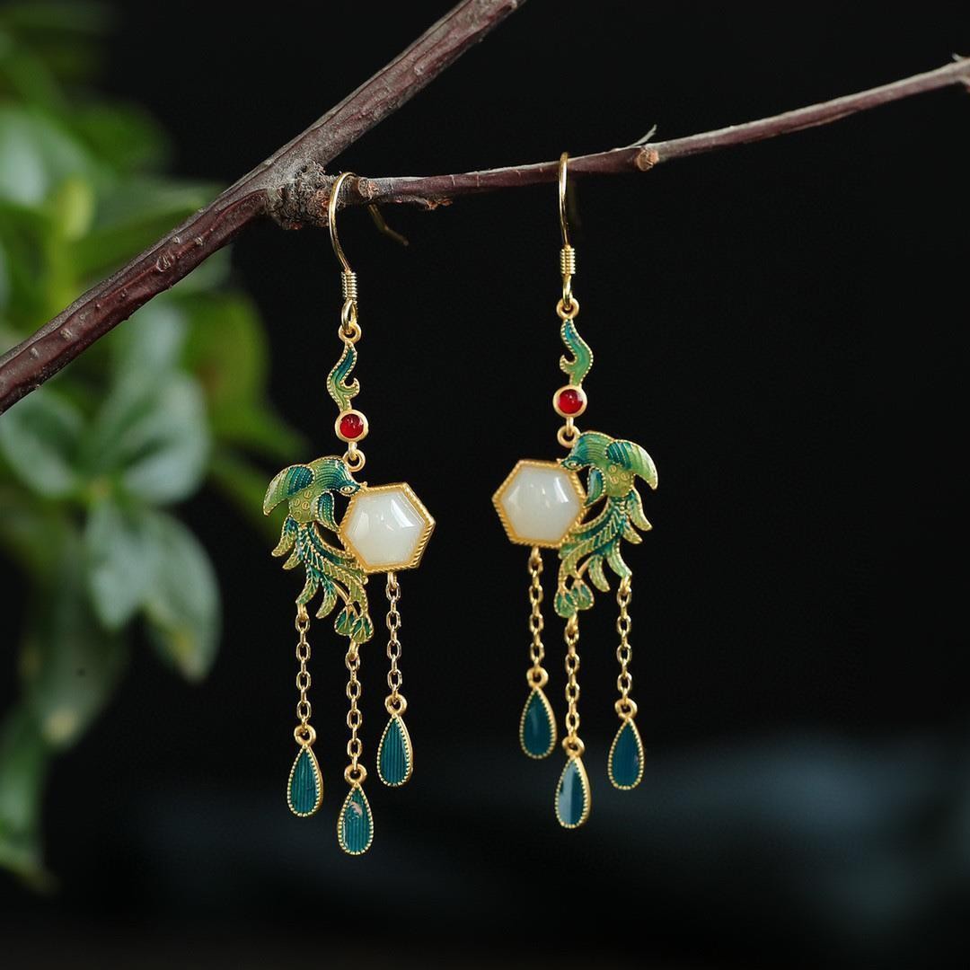Vintage Chinese Style Hetian Inlay Earrings Stud Jewelry Women Accessories
