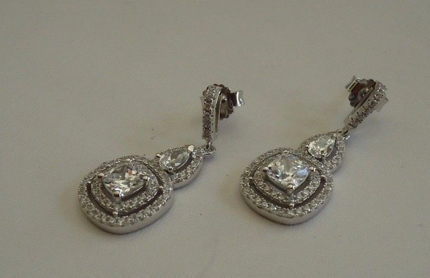 925 STERLING SILVER CLEAR TEARDROP SQUARE DANGLING EARRINGS W/ 4 CT LAB STONES
