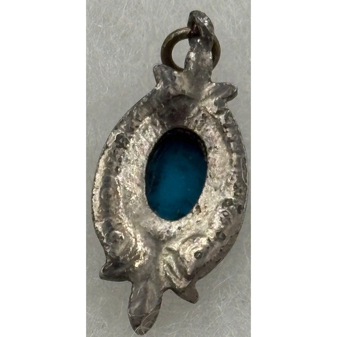 Vintage Blue Oval Stone Pendant – Ornate Metal Setting – Small Jewelry Charm