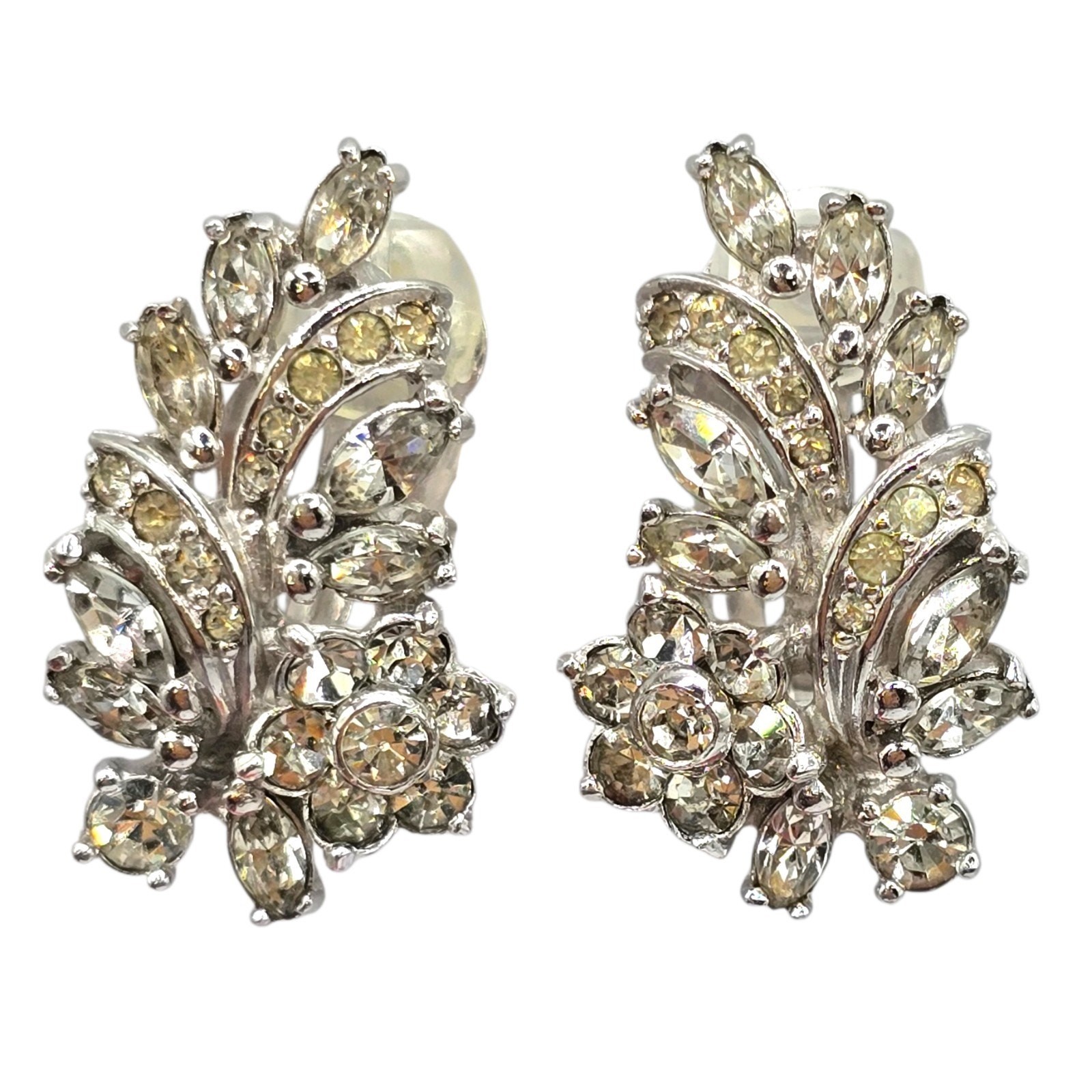 Earrings Vintage Floral Spray Signed Pennino Crystal Circa 1950s Pat 156452