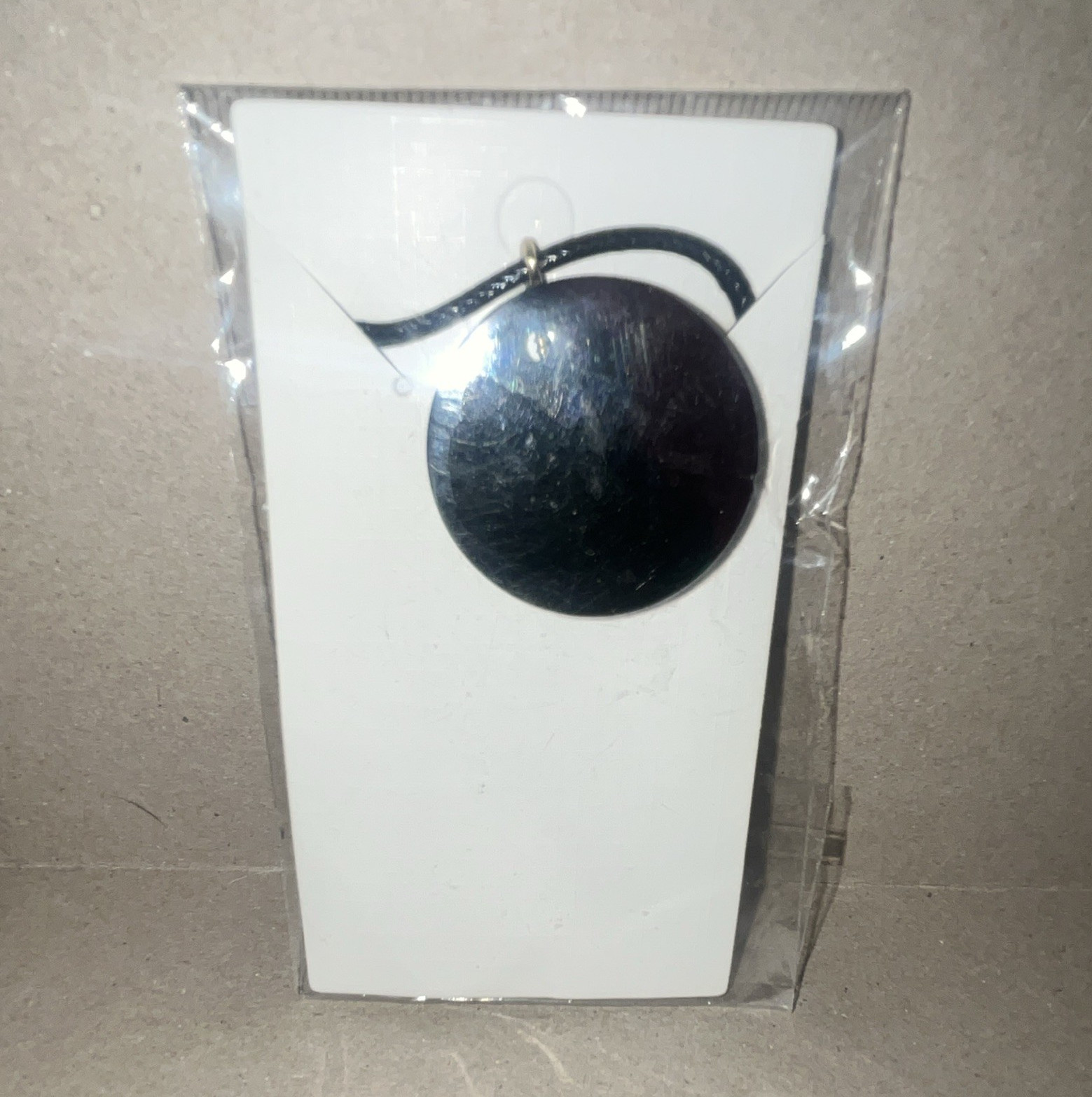 Black Resin Round Disc Charm Pendant Necklace on Black Cord, No Stone
