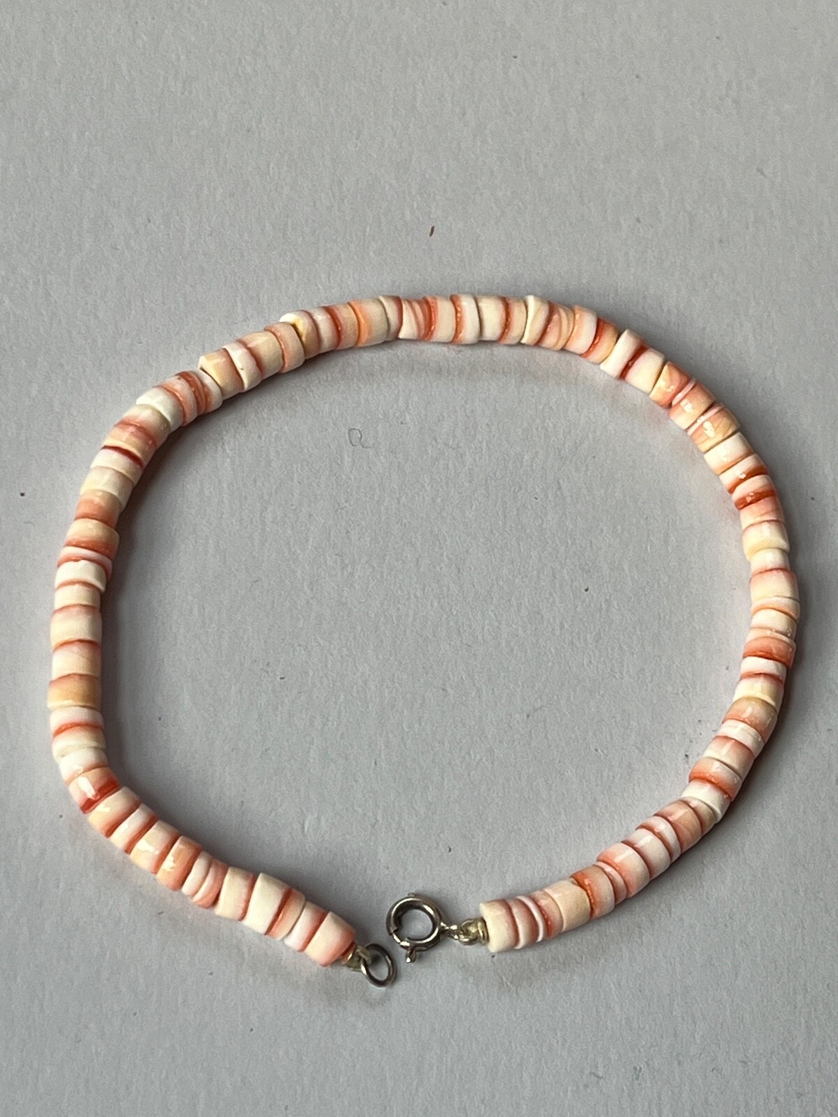 Orange & White Seashell Heist Style Bead Bracelet Anklet -8.5 inches long x 1/8t