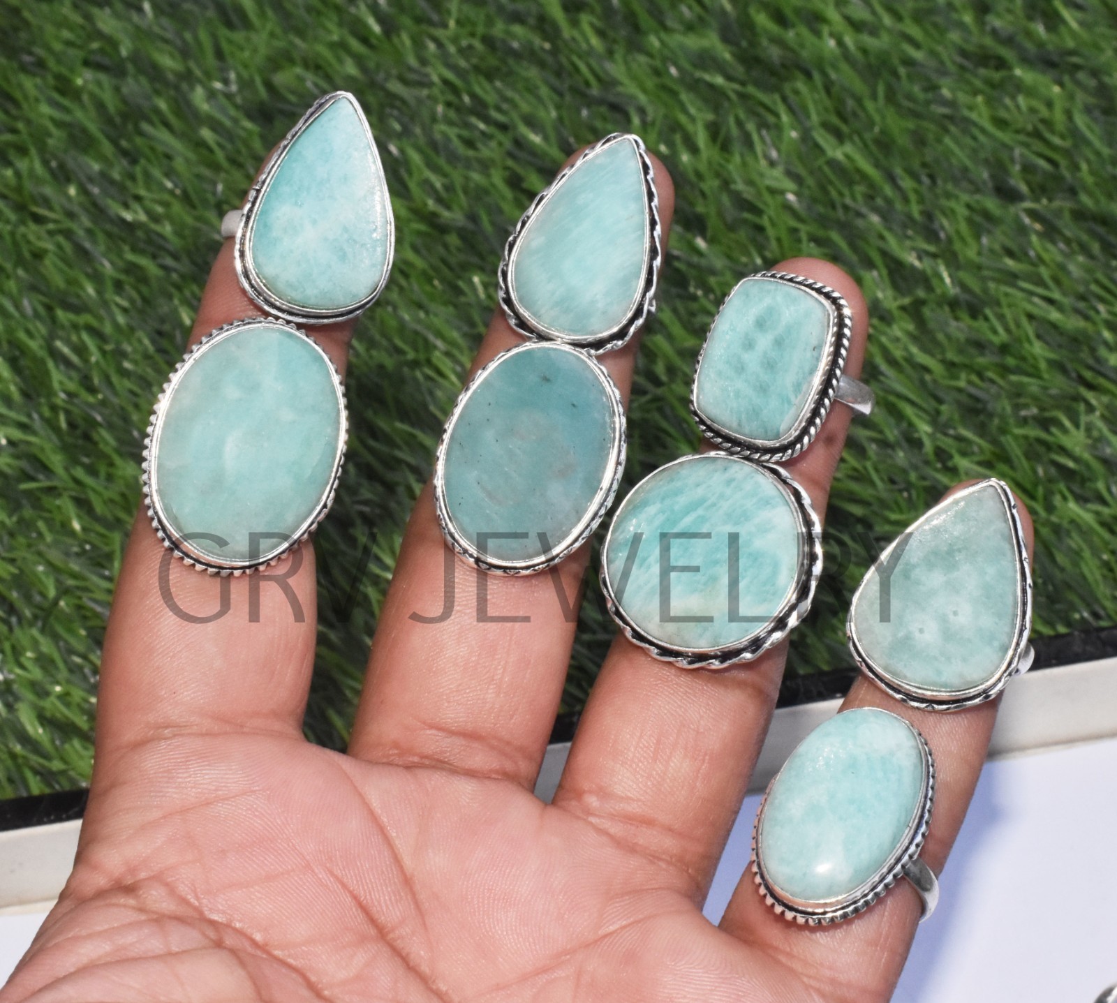 1-500 Pcs Natural Amazonite In Wholesale Gemstone Rings Lot: Silver Plated Whr-9