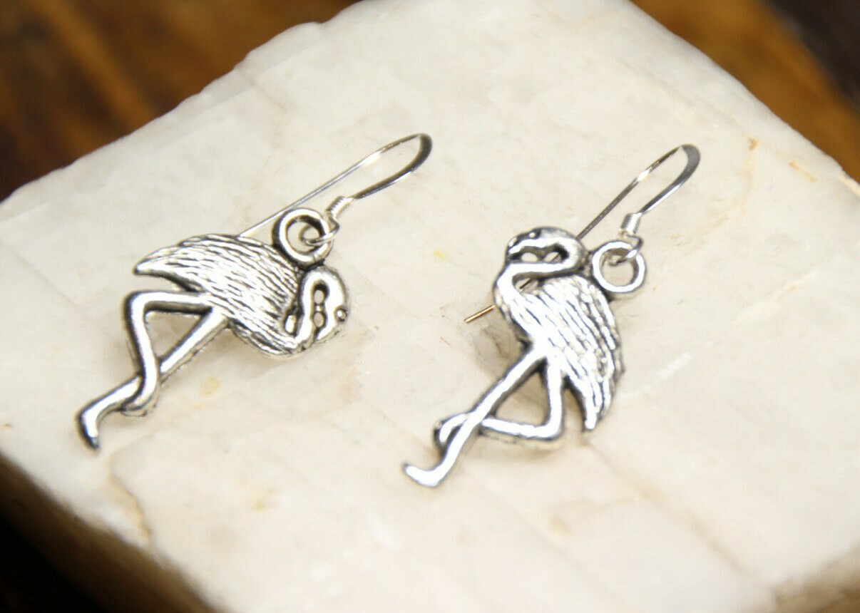Flamingo Charm Earrings 925 sterling silver hooks pewter charms Bird theme