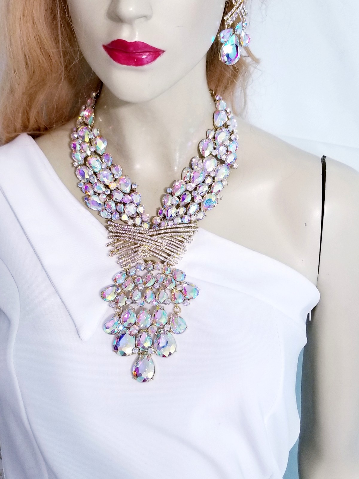 AB Iridescent X Large Necklace Choker Earring Set Rhinestone Crystal Drag