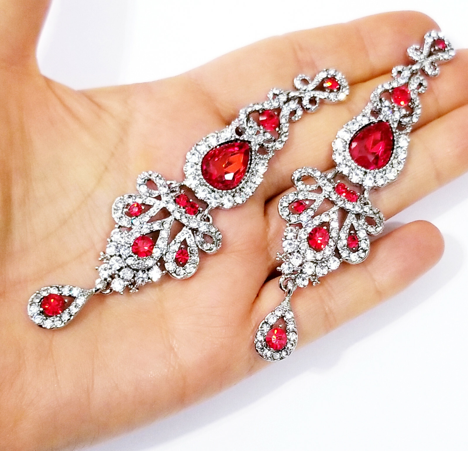 Red Rhinestone Chandelier Earrings Oversized Statement Drag Pageant Jewelry 4 in