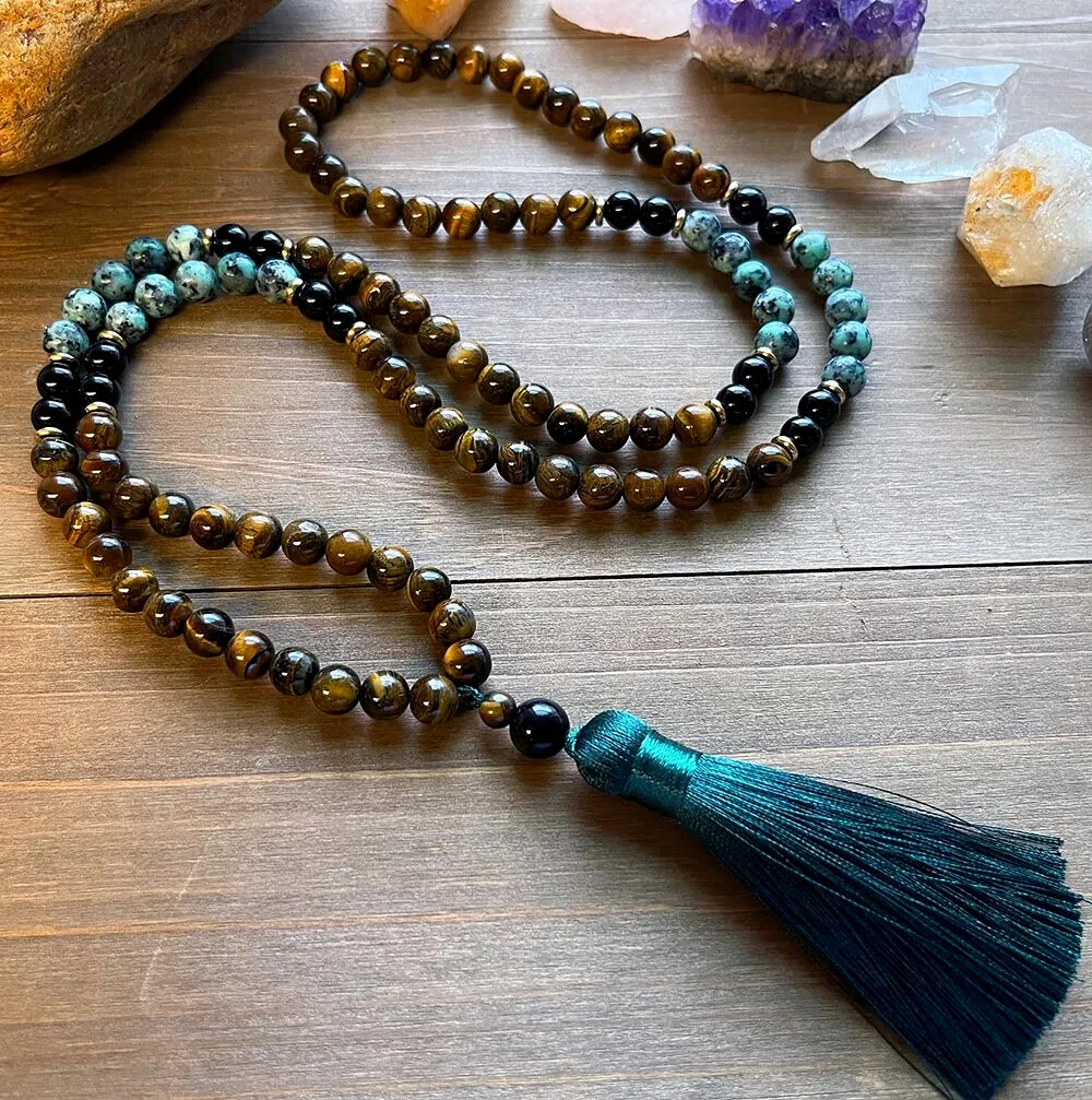 108 Mala Bead Tiger’s Eye Stone & Turquoise Prayer Tassel Healing Necklace Gift