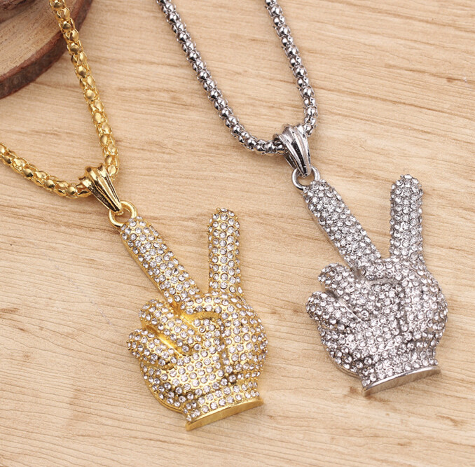 Ice In Gold Silver Color Victory Hip Hop Cubic Zirconia Pendant Necklace 84-6