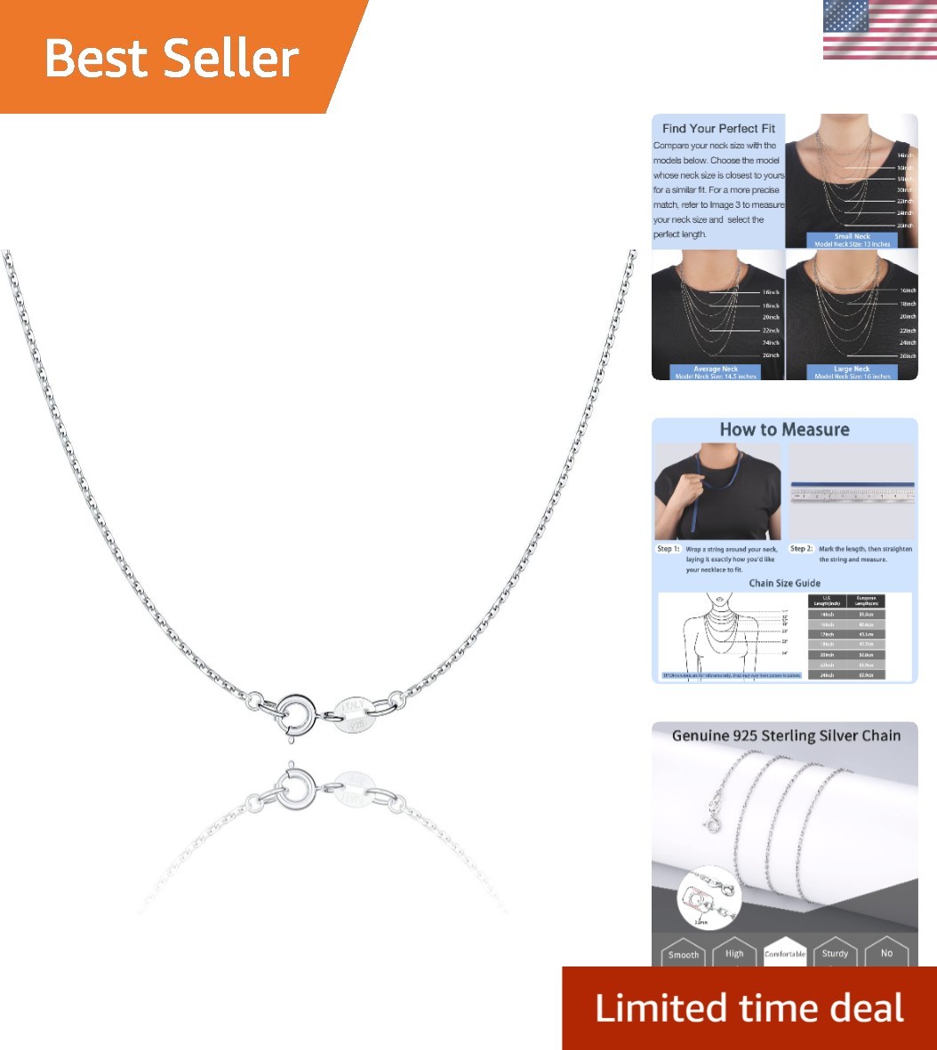 Fashionable 925 Silver Chain Necklace, 1.1mm Lightweight & Durable, 14-24 Inch